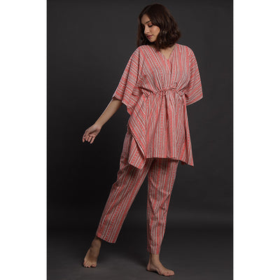 Geometric Weaves On Pink Kaftan Pyjama Jisora India