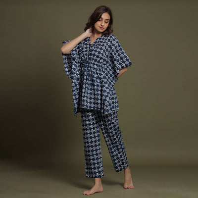 White Glitched Mandala On Blue Kaftan Pyjama JISORA