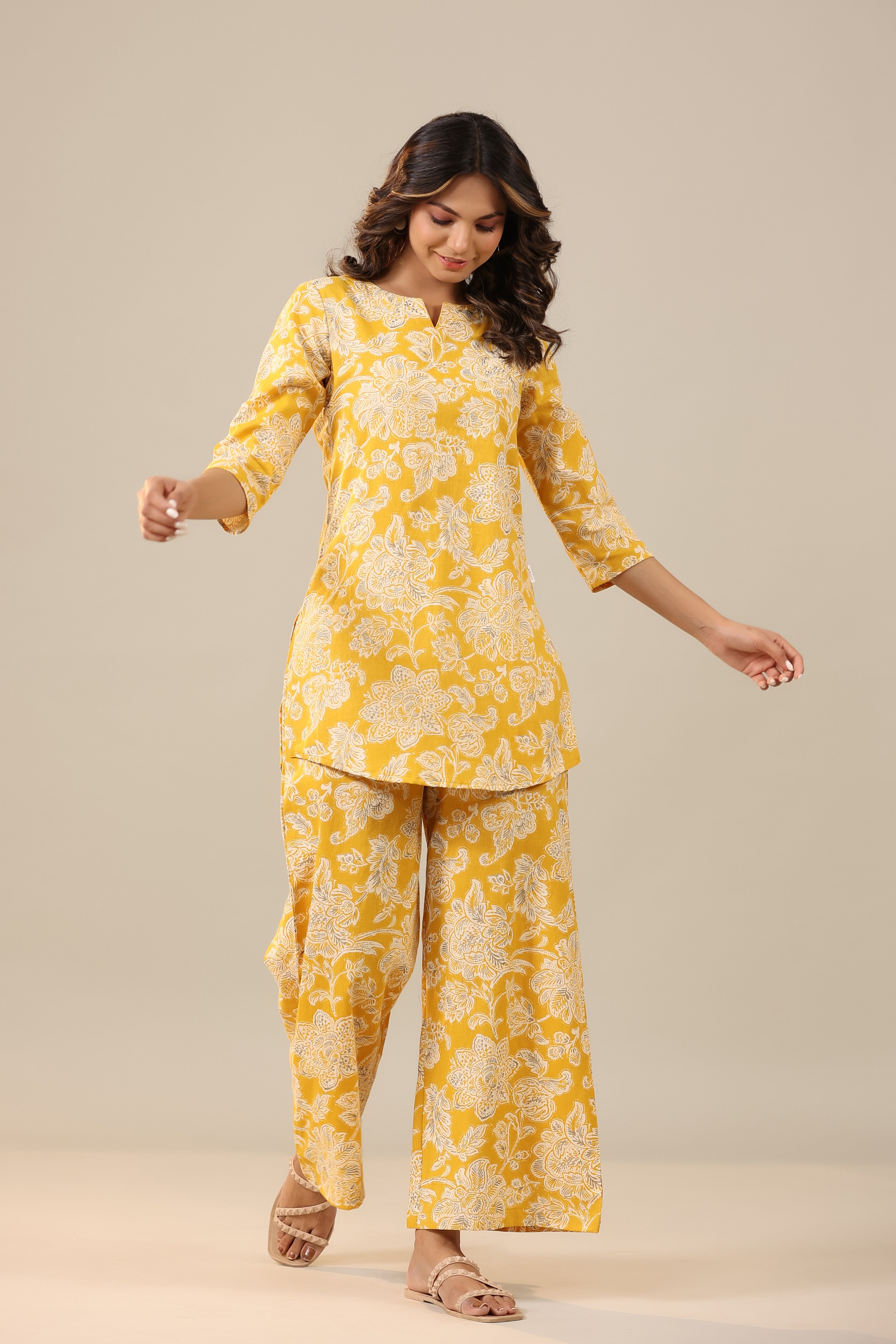 Peony Yellow Cotton Flex Palazzo Loungewear Set