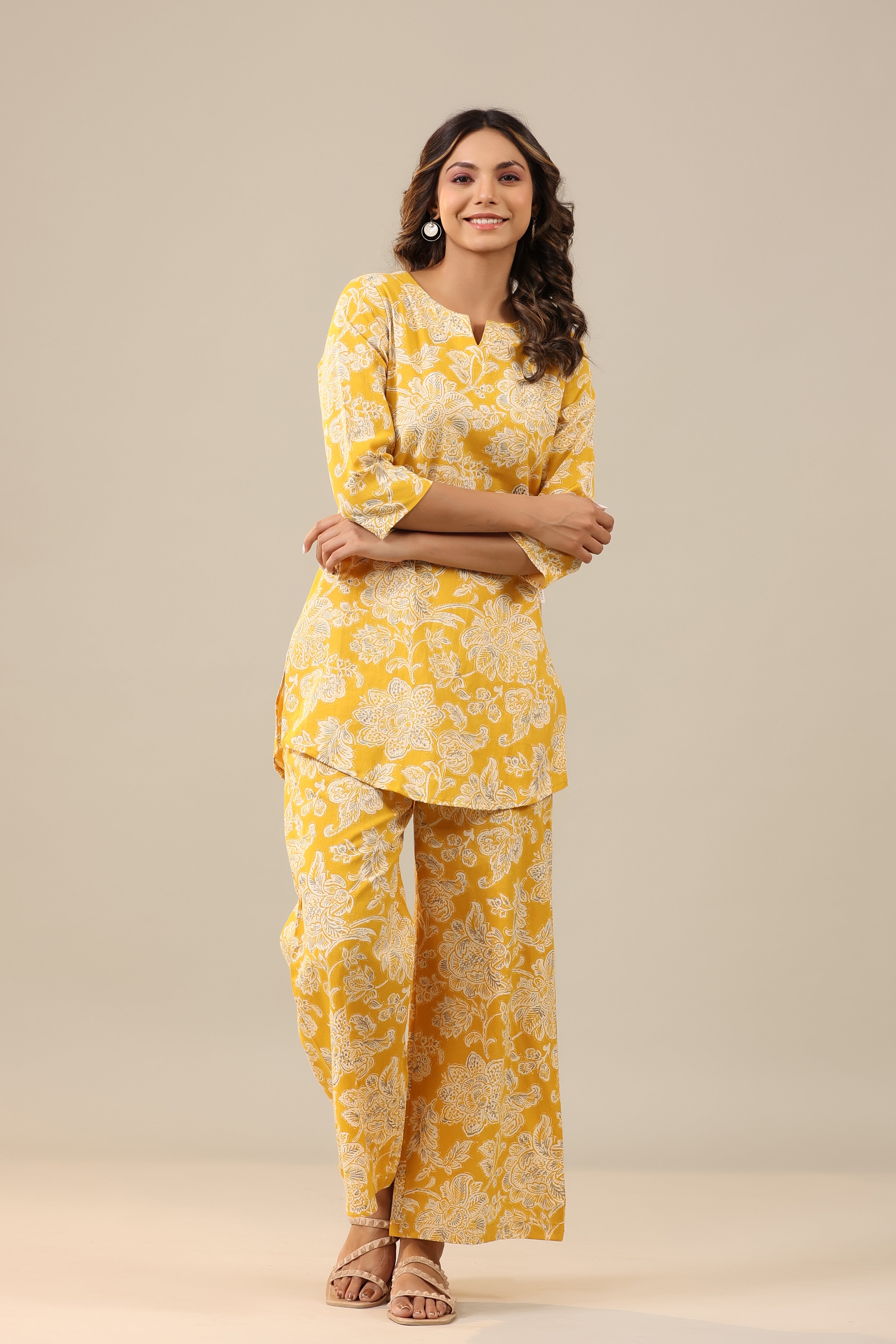 Peony Yellow Cotton Flex Palazzo Loungewear Set