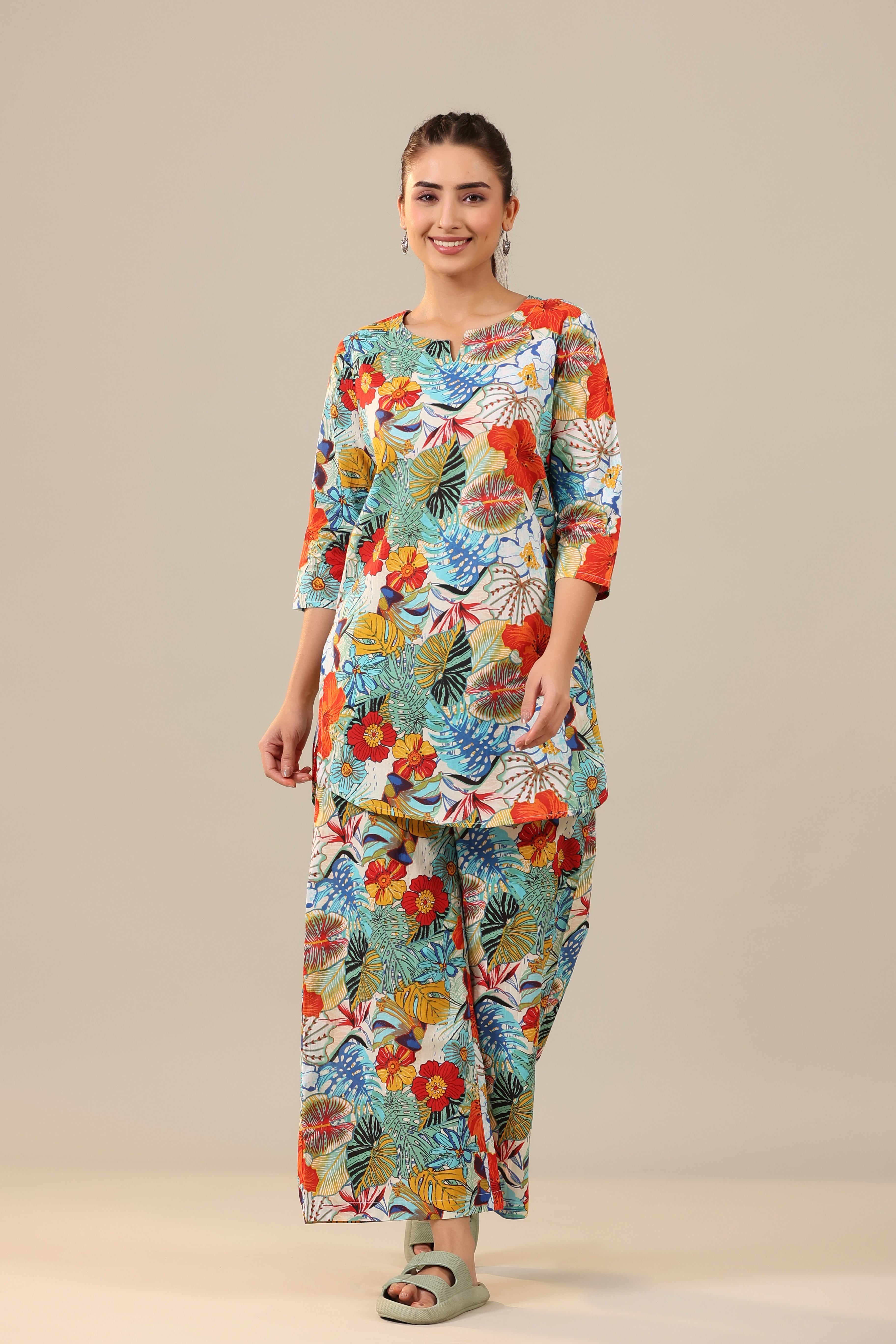 Tropical Vibes on Cotton Palazzo Loungewear Set