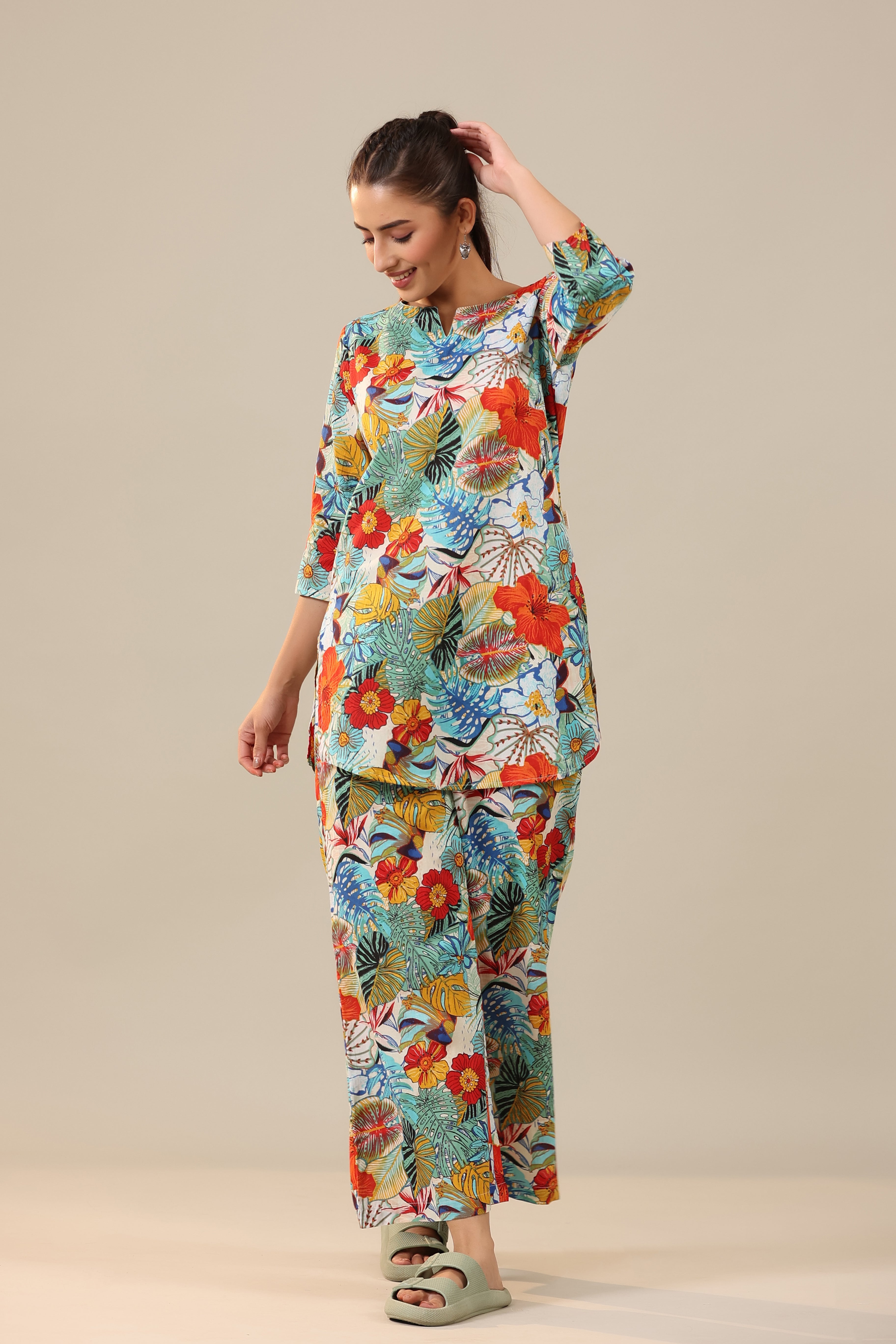 Tropical Vibes on Cotton Palazzo Loungewear Set