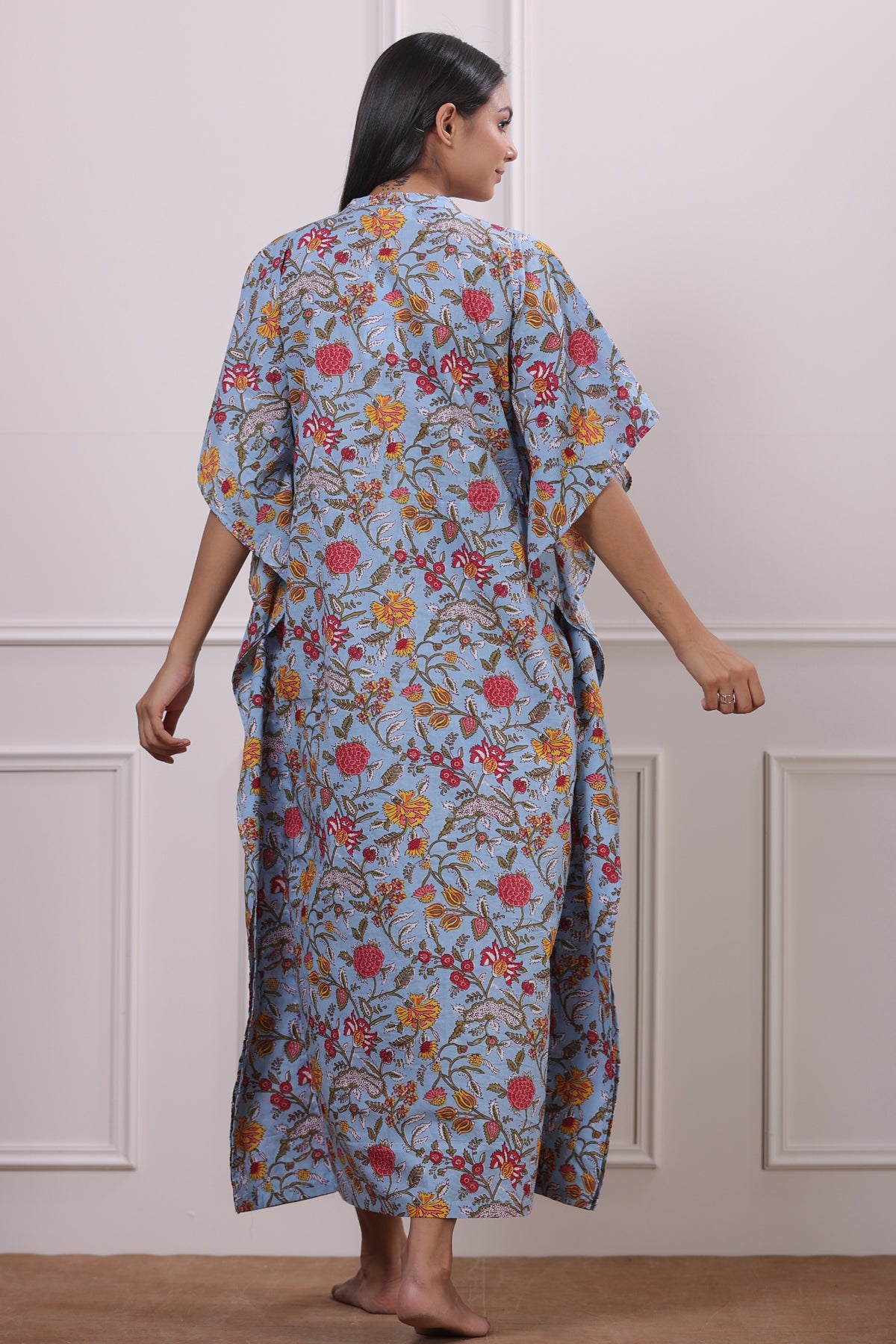 Floral Jaal on Sky Blue Front Buttoned Kaftan