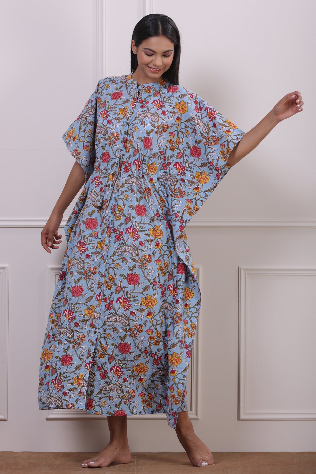 Floral Jaal on Sky Blue Front Buttoned Kaftan