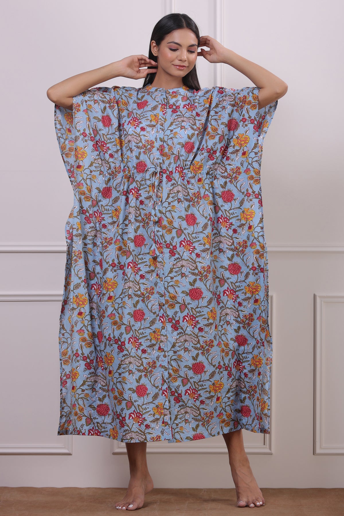 Floral Jaal on Sky Blue Front Buttoned Kaftan