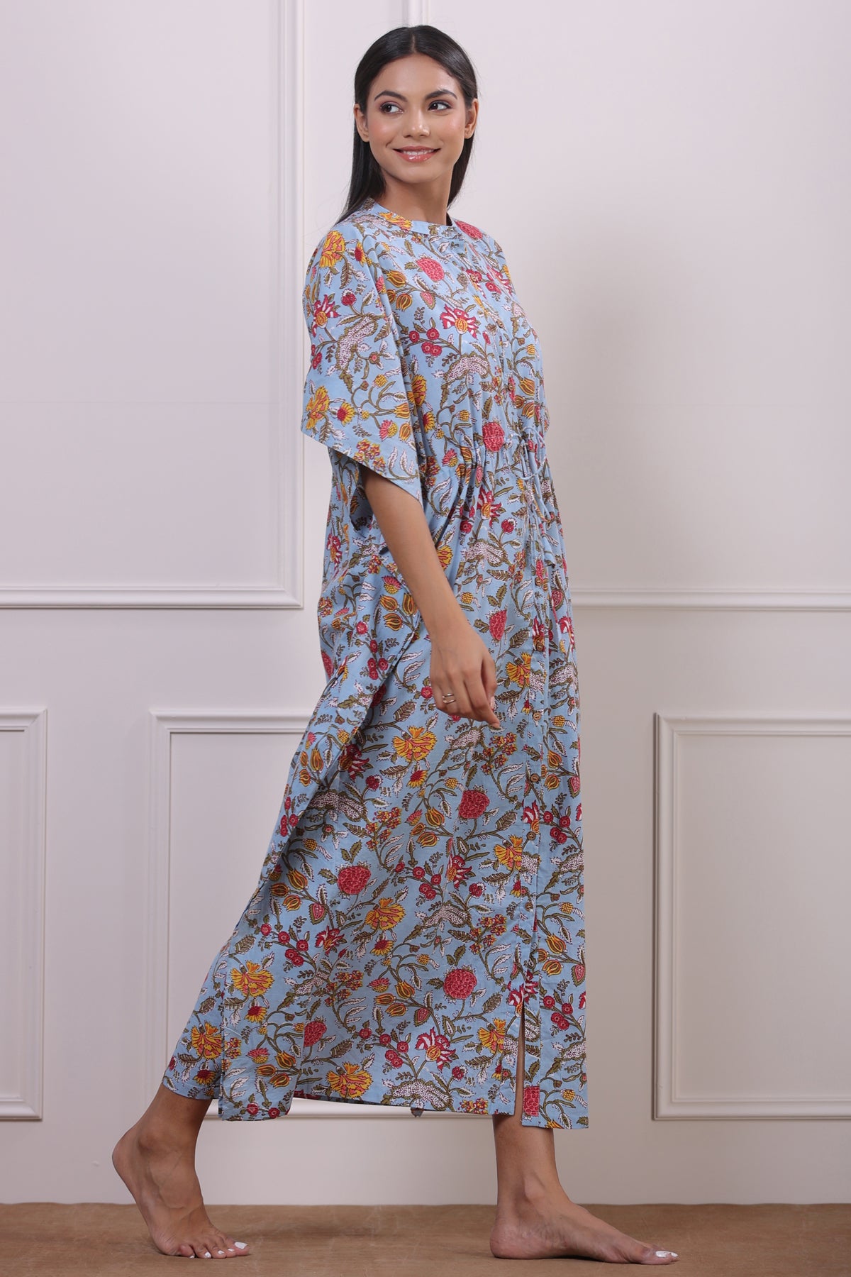 Floral Jaal on Sky Blue Front Buttoned Kaftan