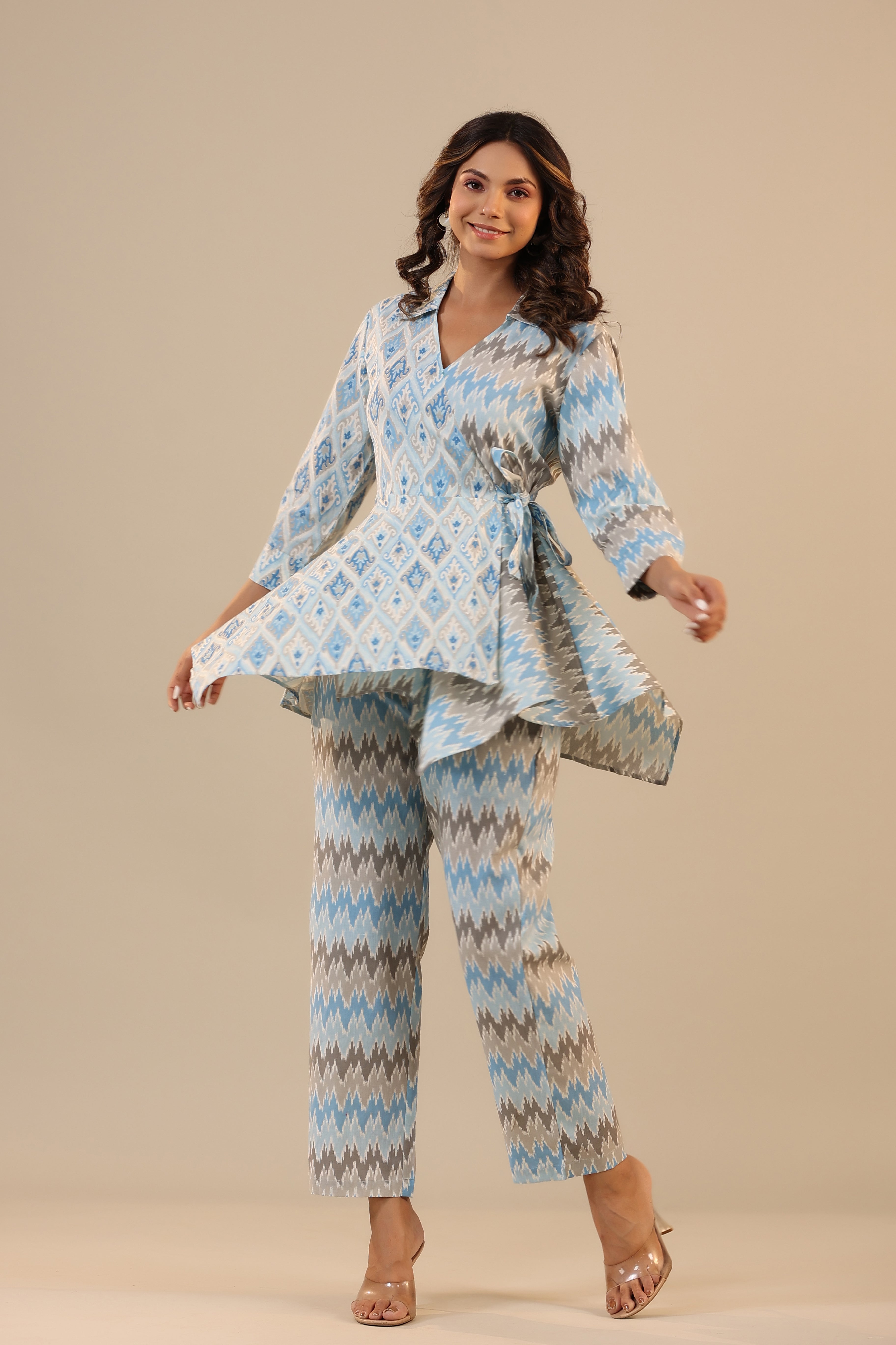 Blue Ikat Knot Cotton Flex Loungewear Set