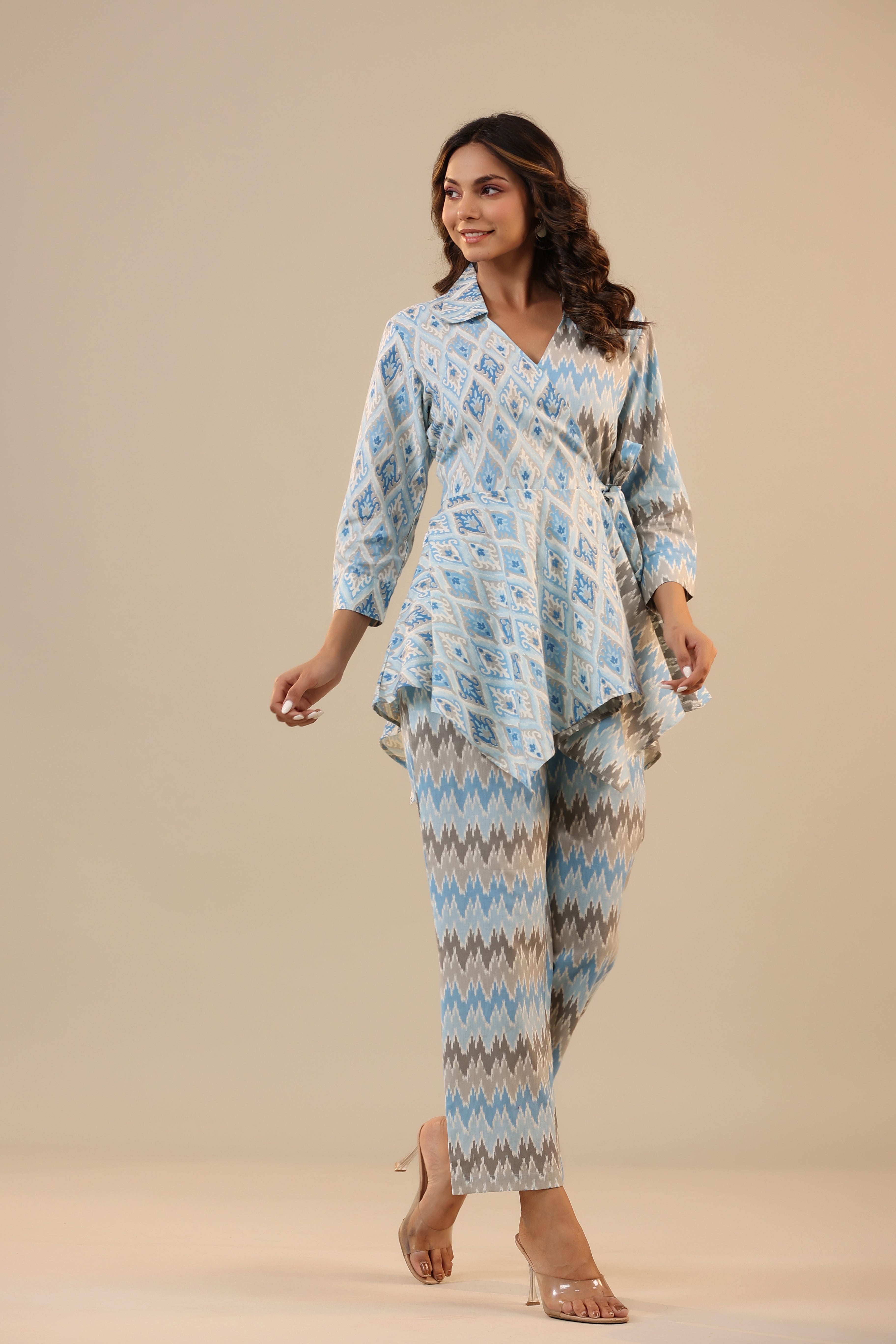 Blue Ikat Knot Cotton Flex Loungewear Set