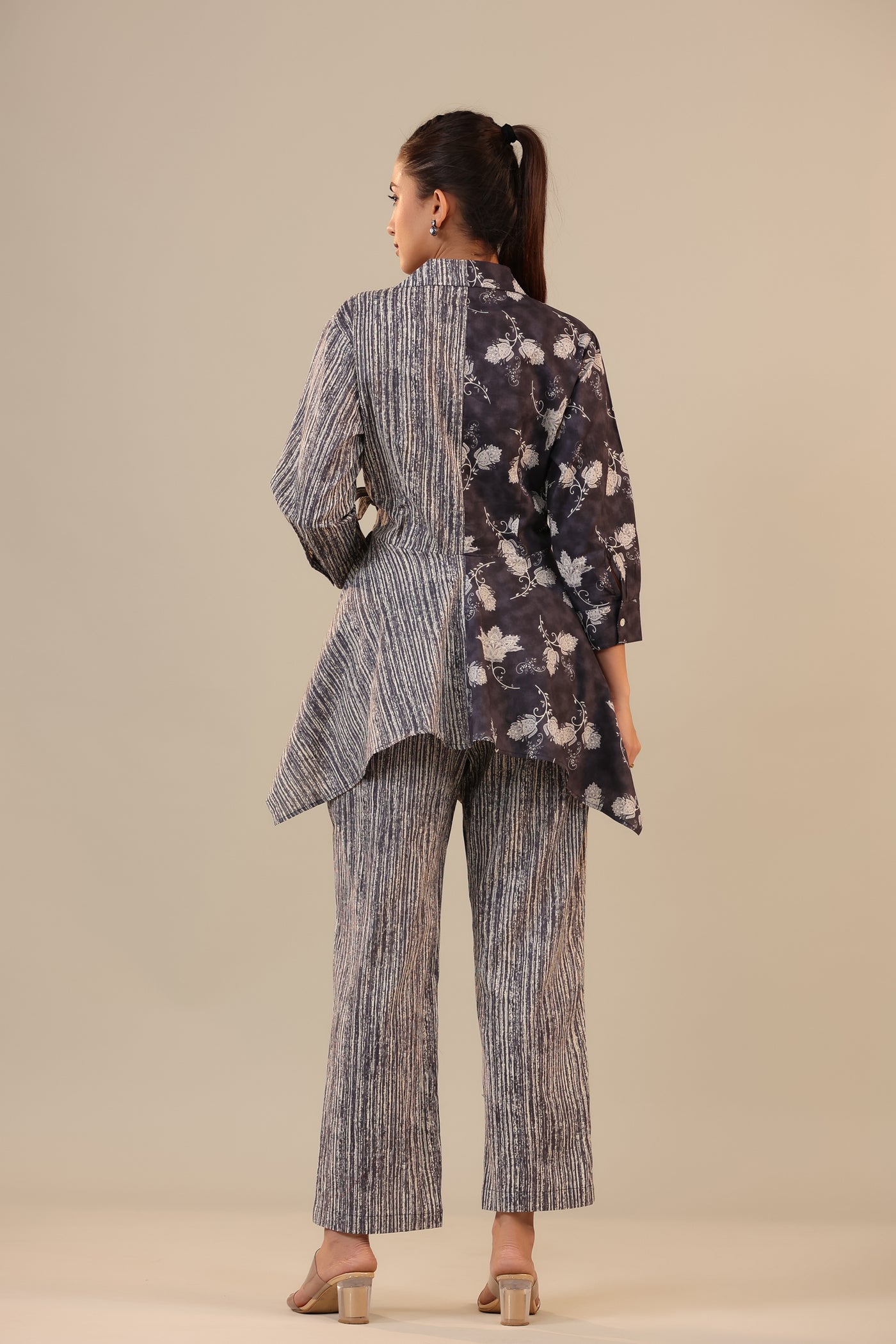 Grey Batik with Stripes on Knot Cotton Loungewear Set