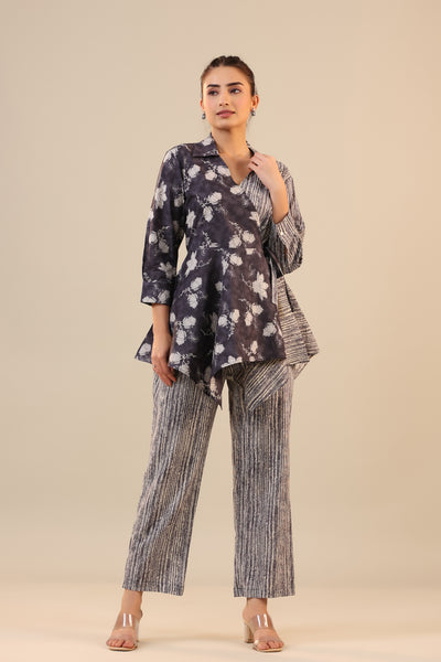 Grey Batik with Stripes on Knot Cotton Loungewear Set