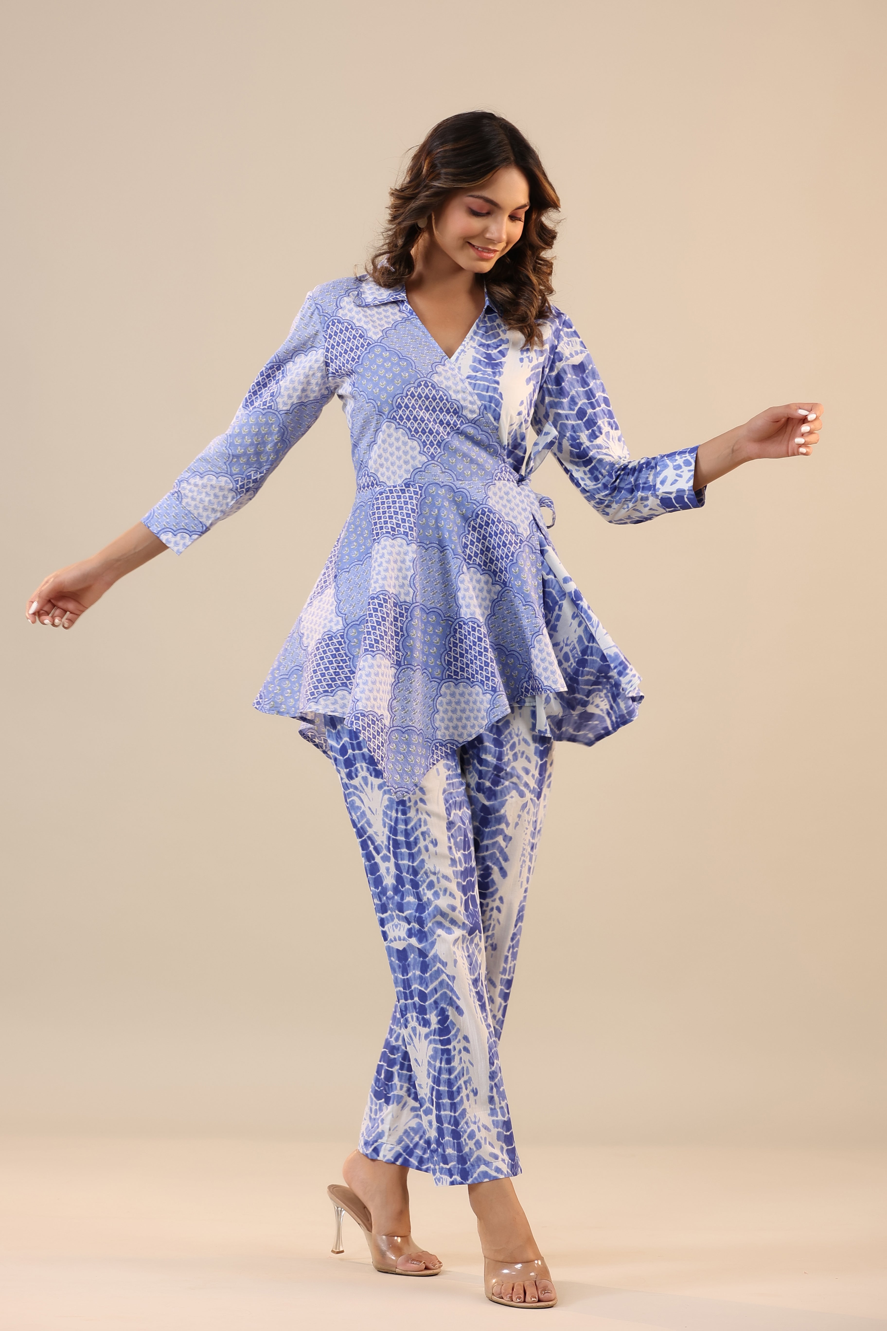 Blue Abstract Shibori Knot Cotton Loungewear Set