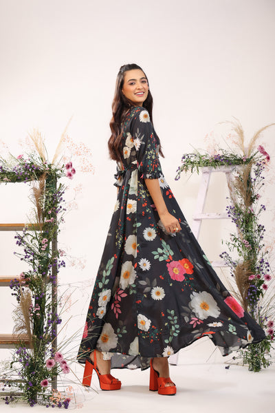 Marigold Flower on Black Muslin Silk Maxi Dress