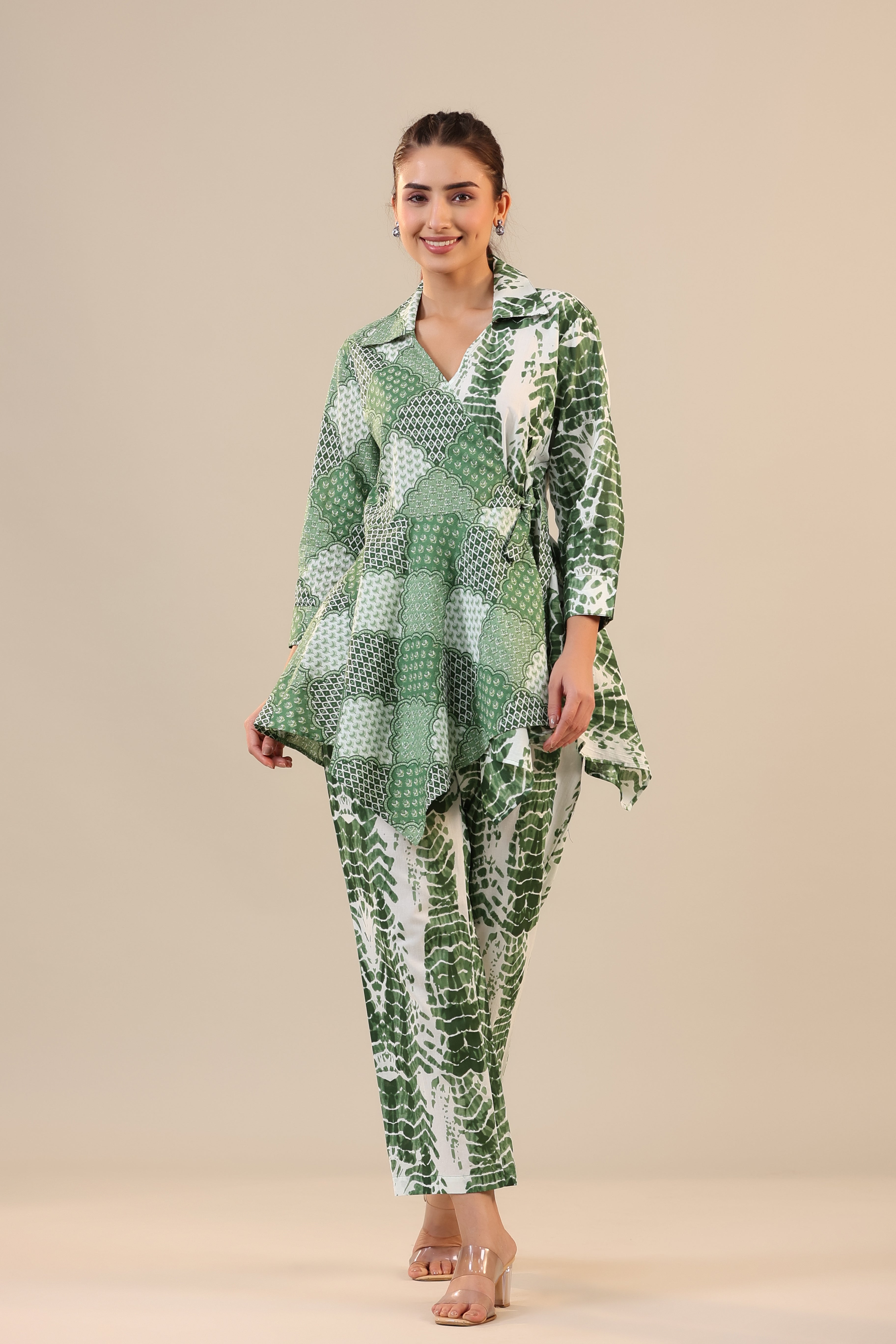 Green abstract Shibori Knot Cotton Loungewear Set