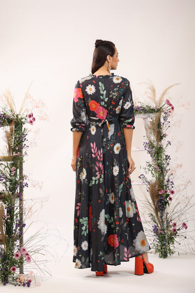 Marigold Flower on Black Muslin Silk Maxi Dress