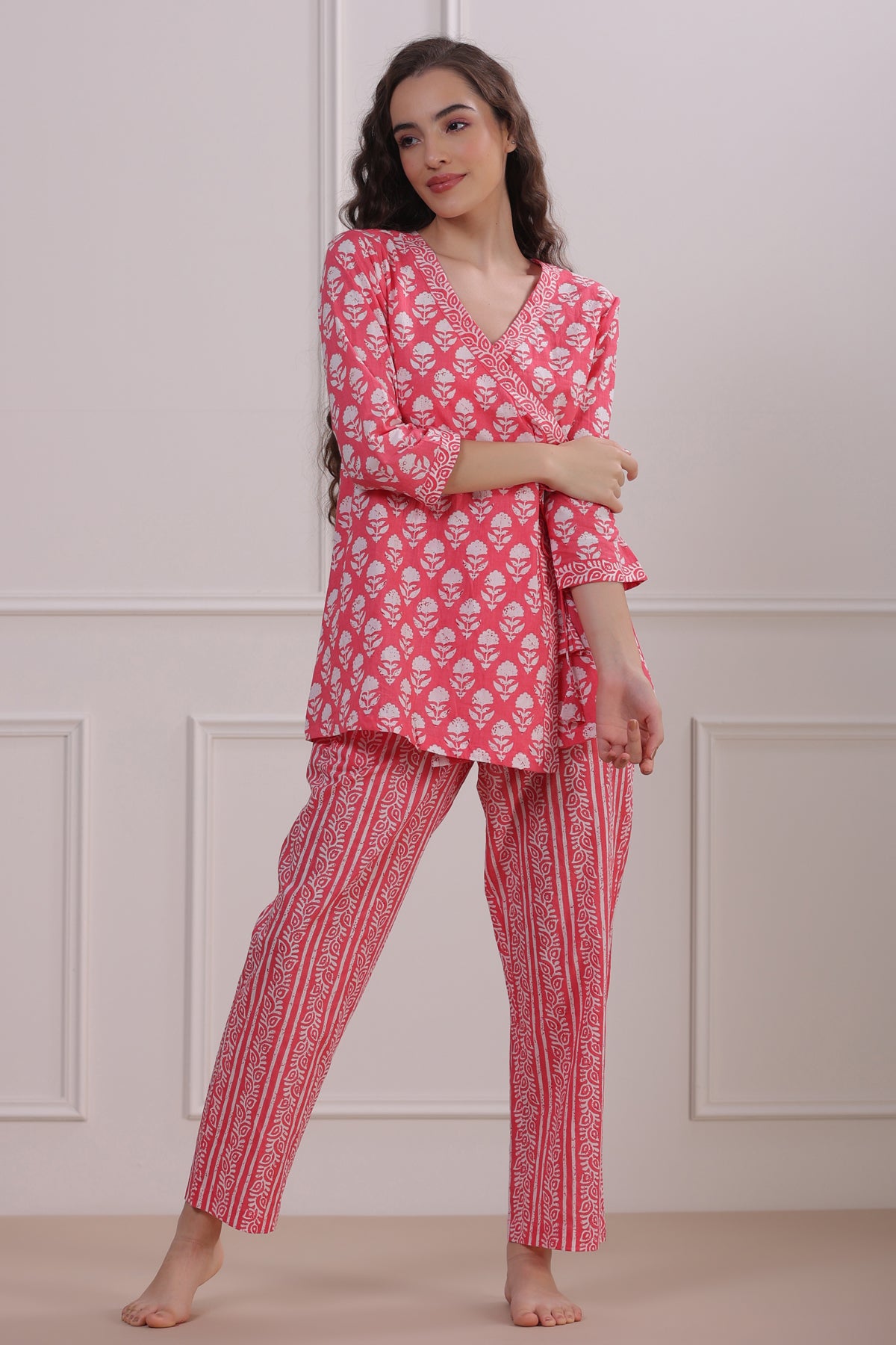 Roses with Floral Stripes on Pink Loungewear Top Set