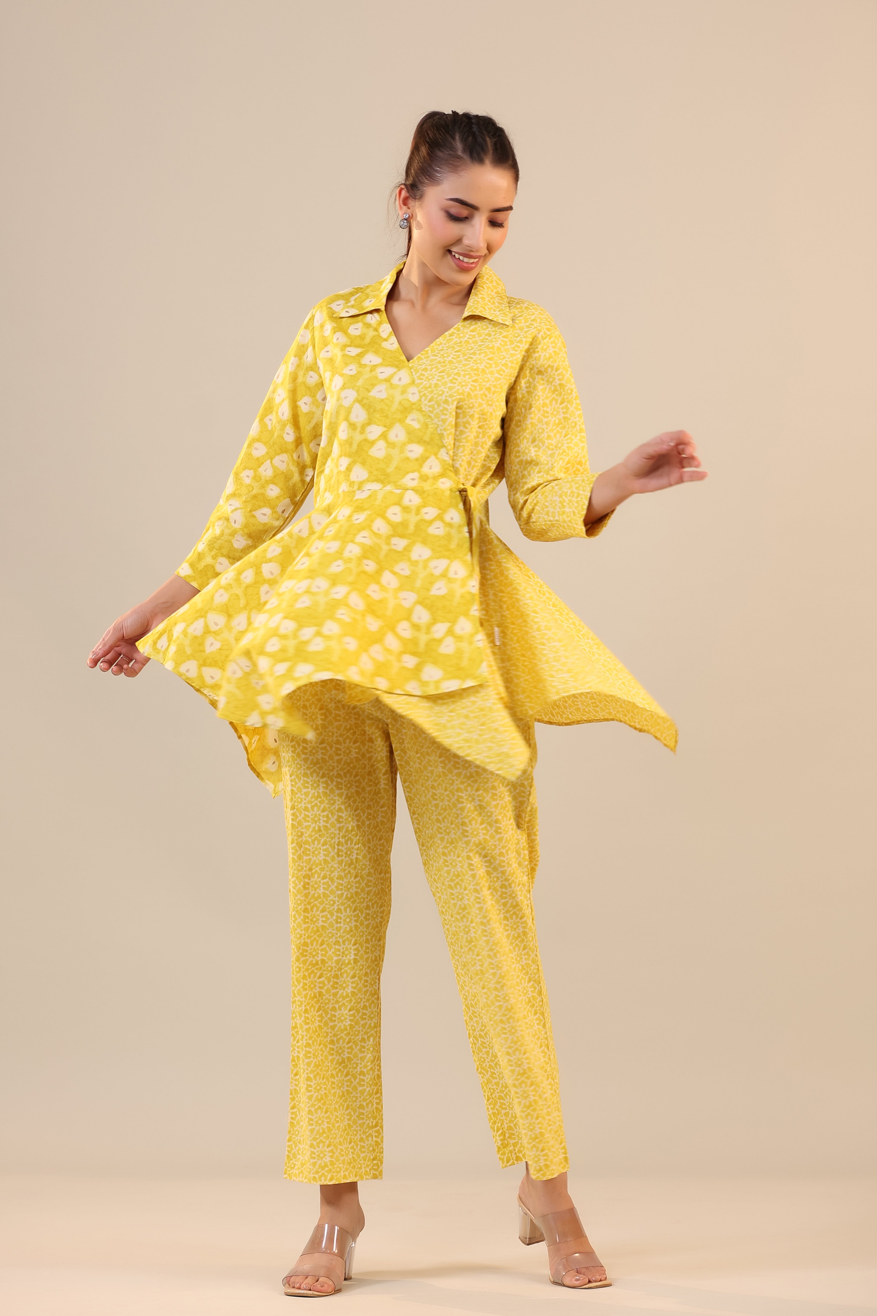 Yellow Batik Knot Cotton Loungewear Set