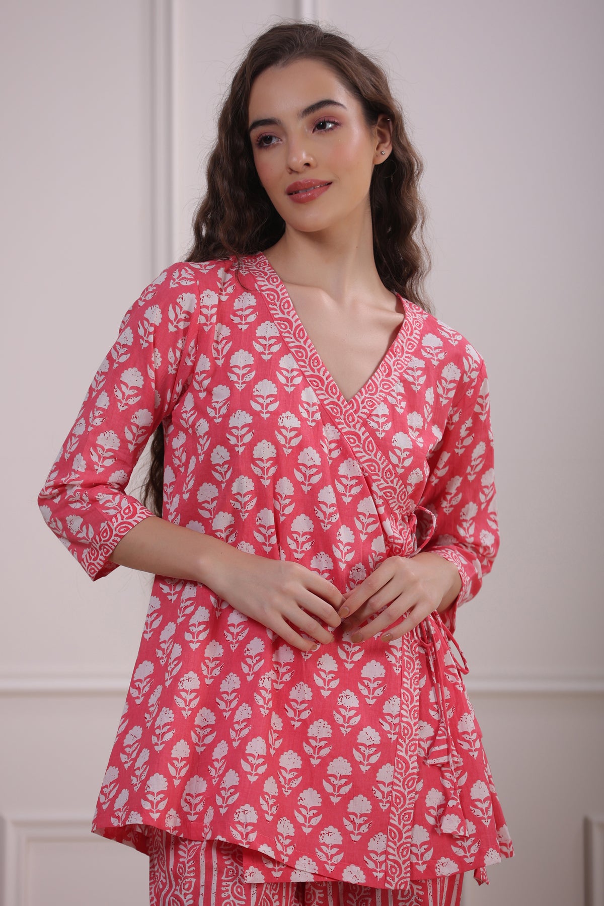 Roses with Floral Stripes on Pink Loungewear Top Set