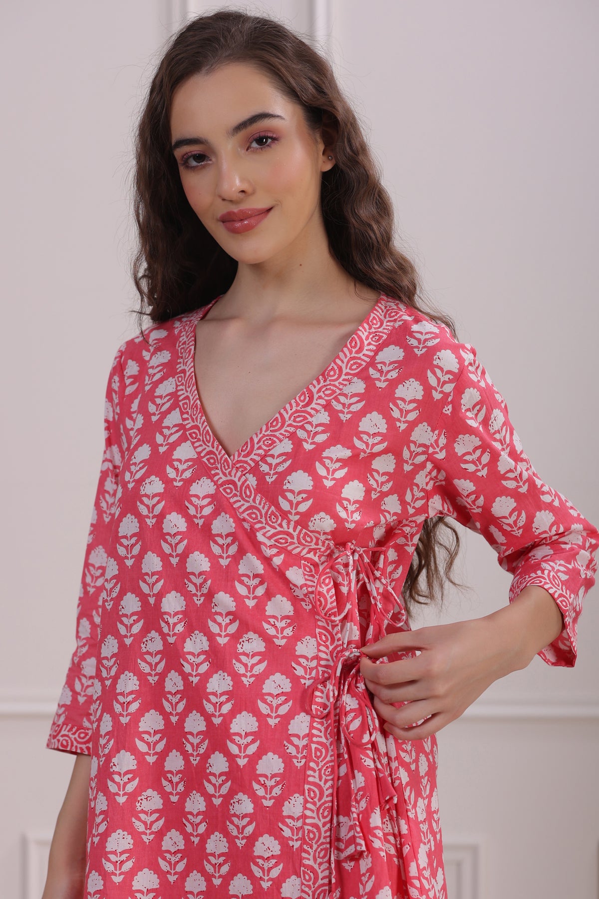 Roses with Floral Stripes on Pink Loungewear Top Set