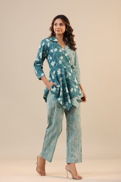 Stripes with Florals on Teal Knot Cotton Loungewear Set