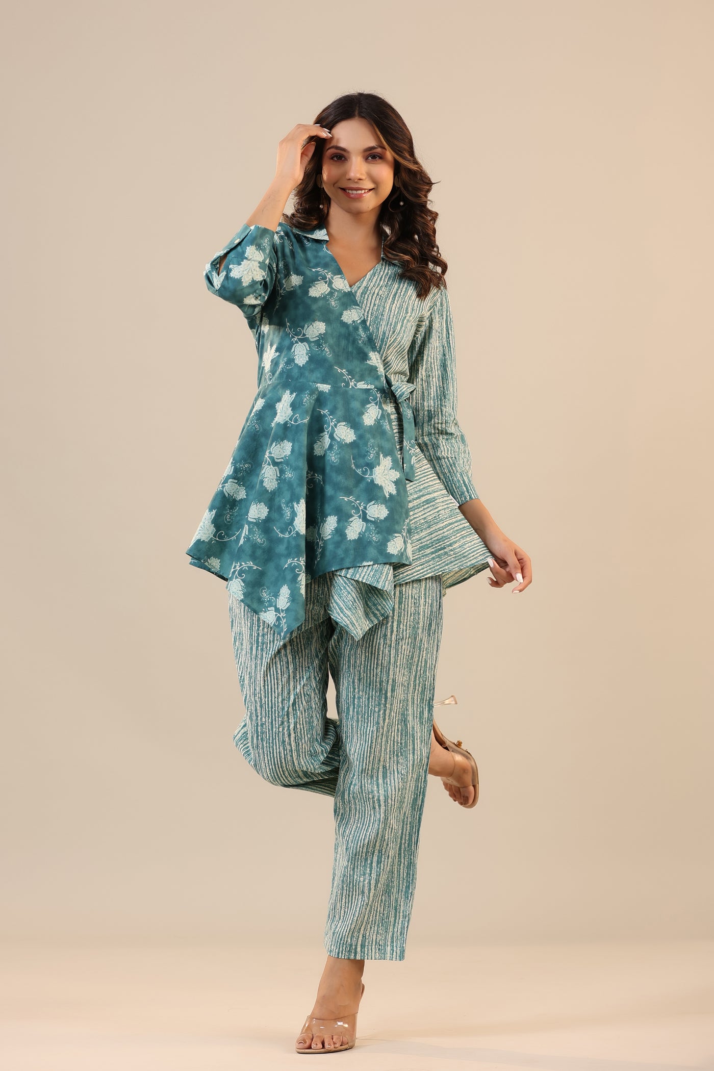 Stripes with Florals on Teal Knot Cotton Loungewear Set