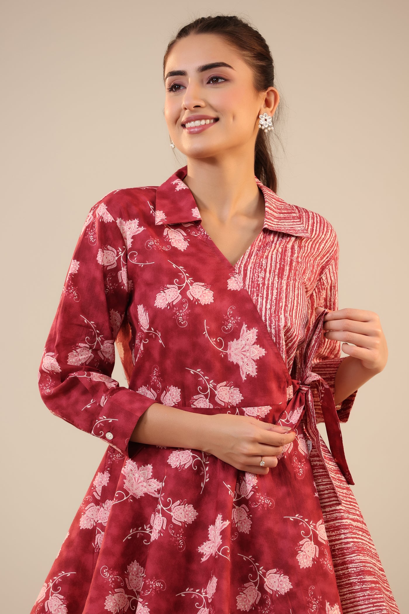 Stripes with Florals on Red  Knot Cotton Loungewear Set