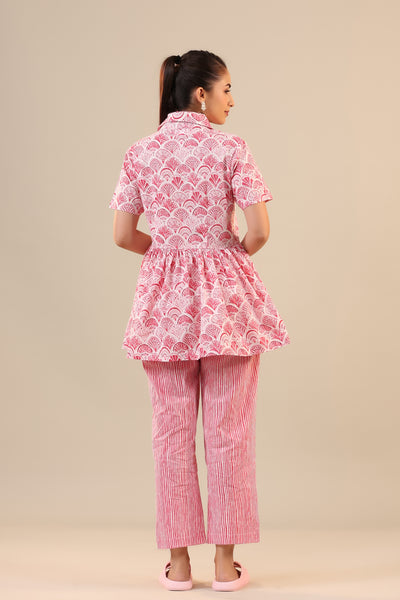 Parallel Stripes with Atelior on Pink Peplum Co ord Set