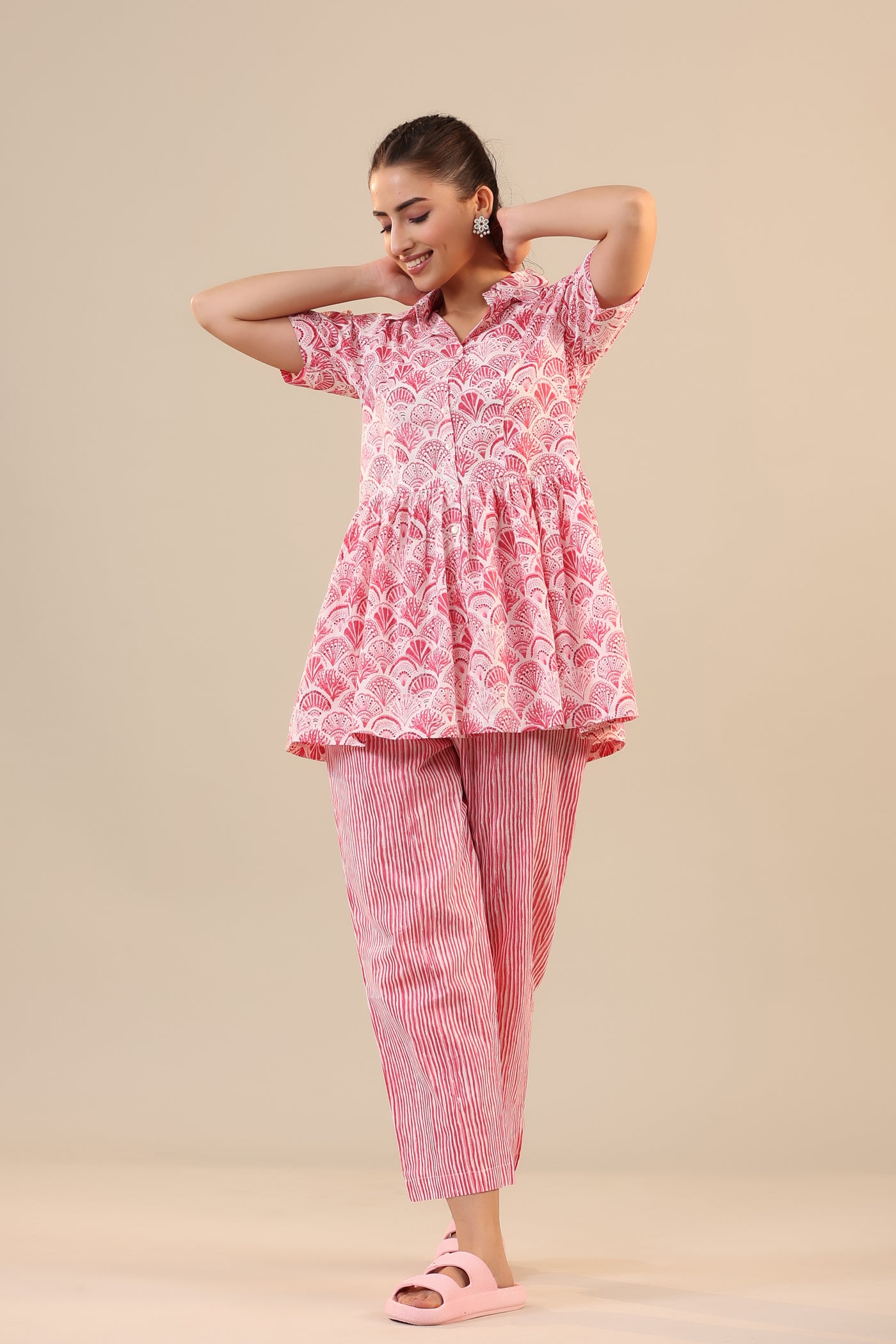 Parallel Stripes with Atelior on Pink Peplum Co ord Set