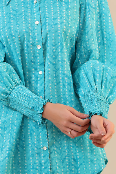 Patterned Parallels on Blue Cotton Collared Co ord Set