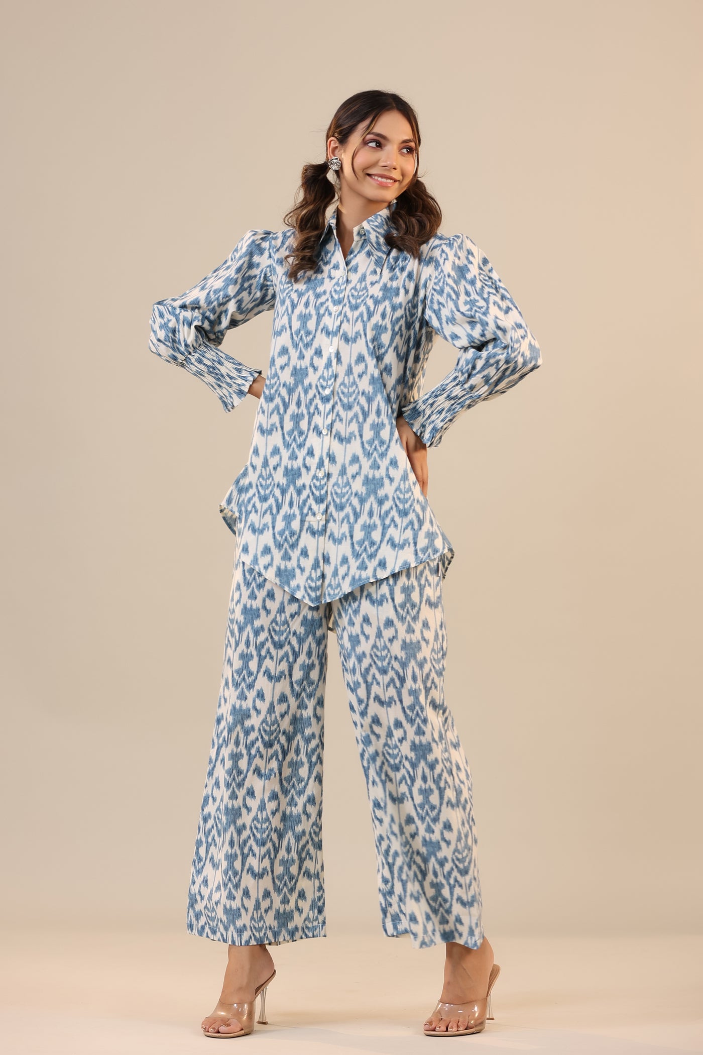 Ikat on Off White Cotton Collared Co ord Set