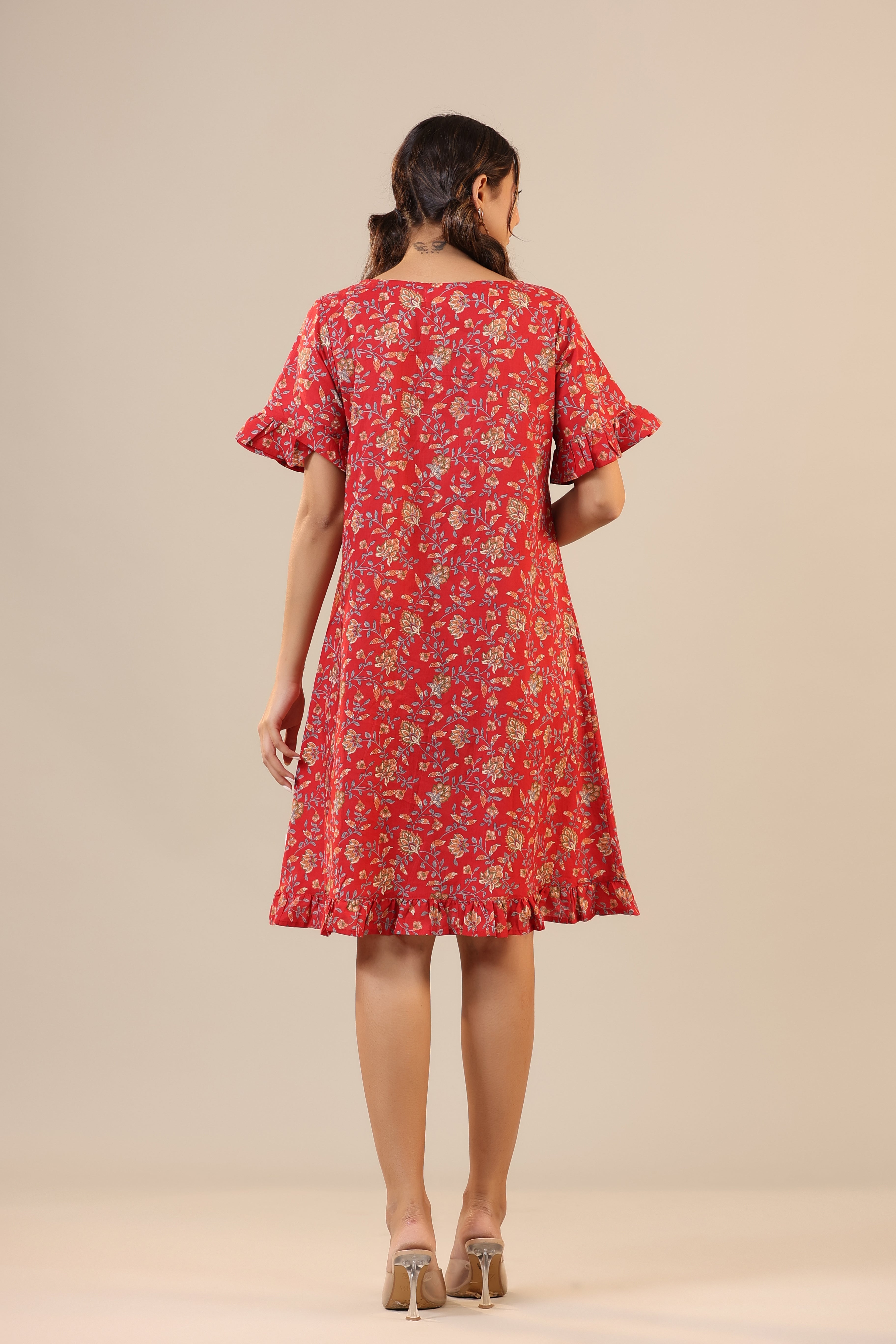 Floral Jaal on Red T-shirt Dress