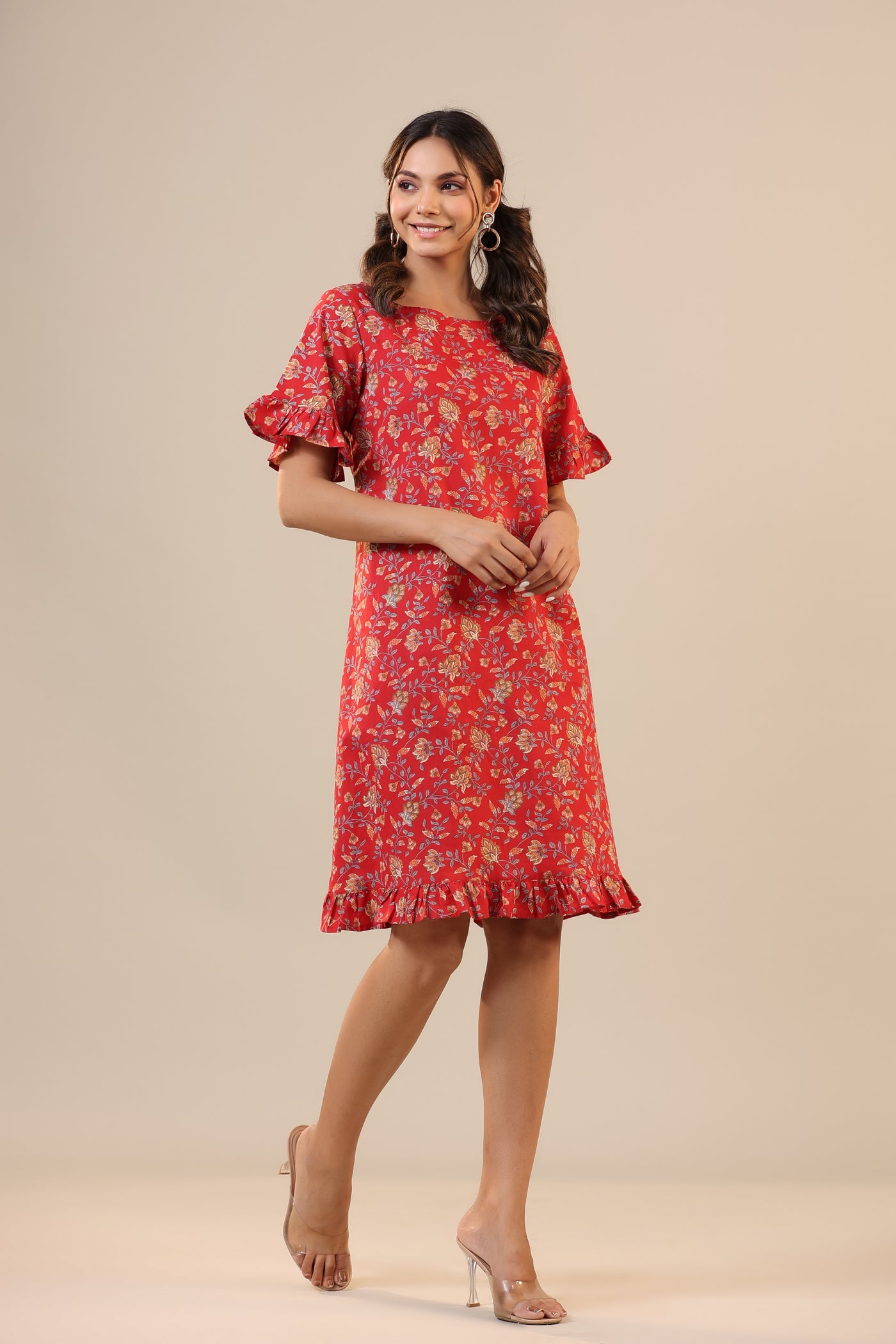 Floral Jaal on Red T-shirt Dress