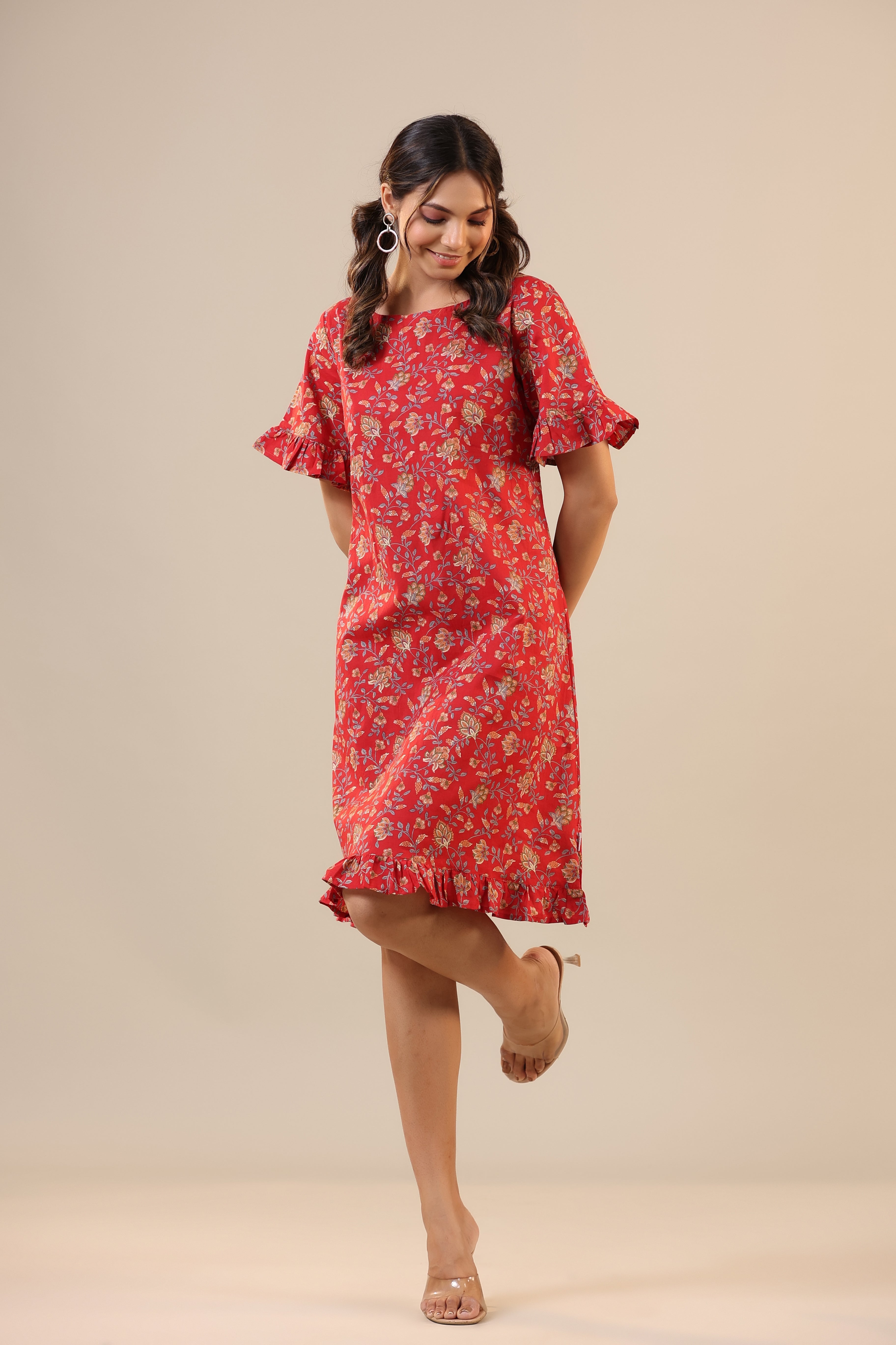 Floral Jaal on Red T-shirt Dress