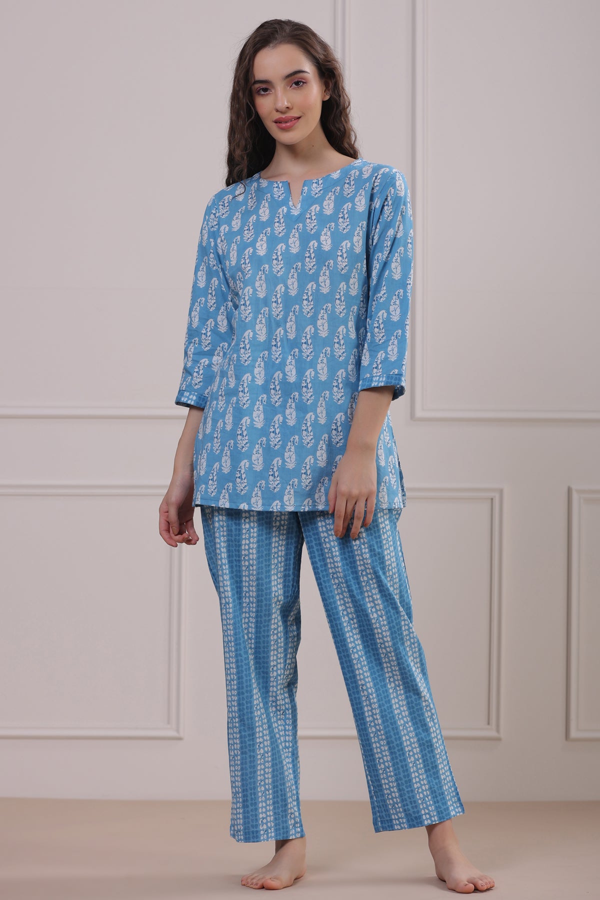 Paisley with Stripes on Blue Loungewear Top Set