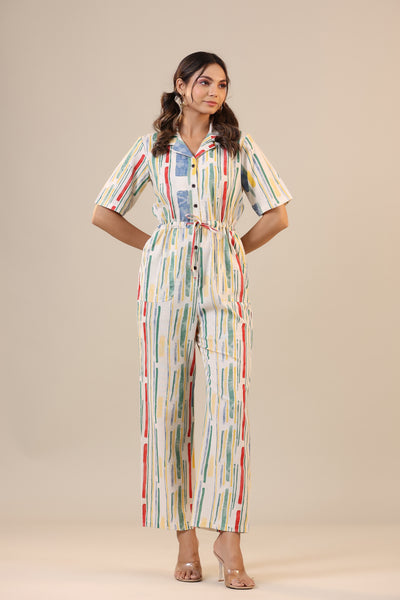 Parallel Abstract Striped on Off white Khadi Jumpsuit