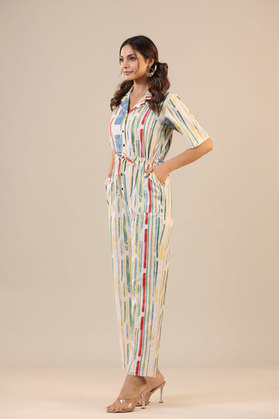 Parallel Abstract Striped on Off white Khadi Jumpsuit