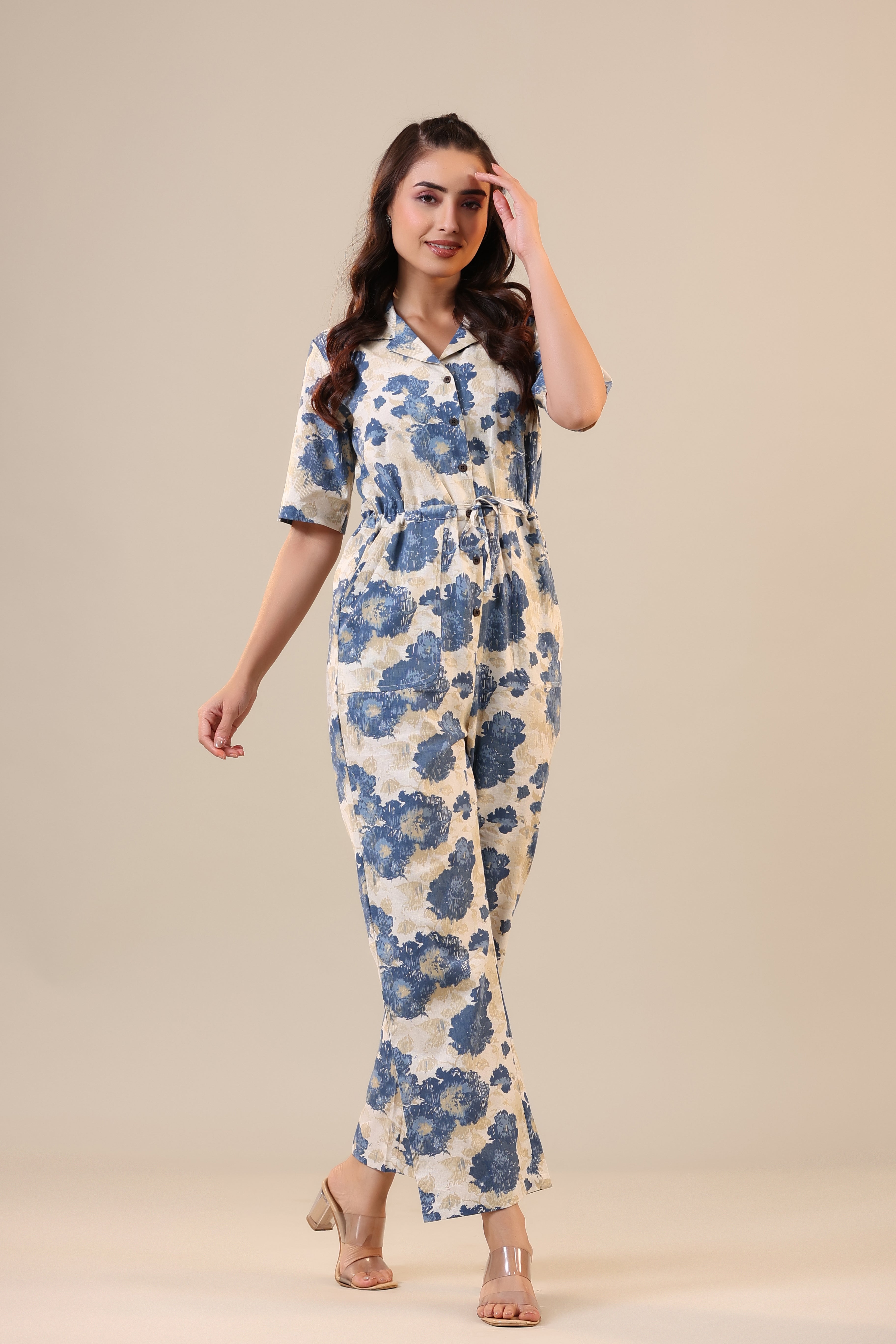 Watercolour Florals on Off white Cotton Flex Jumpsuit