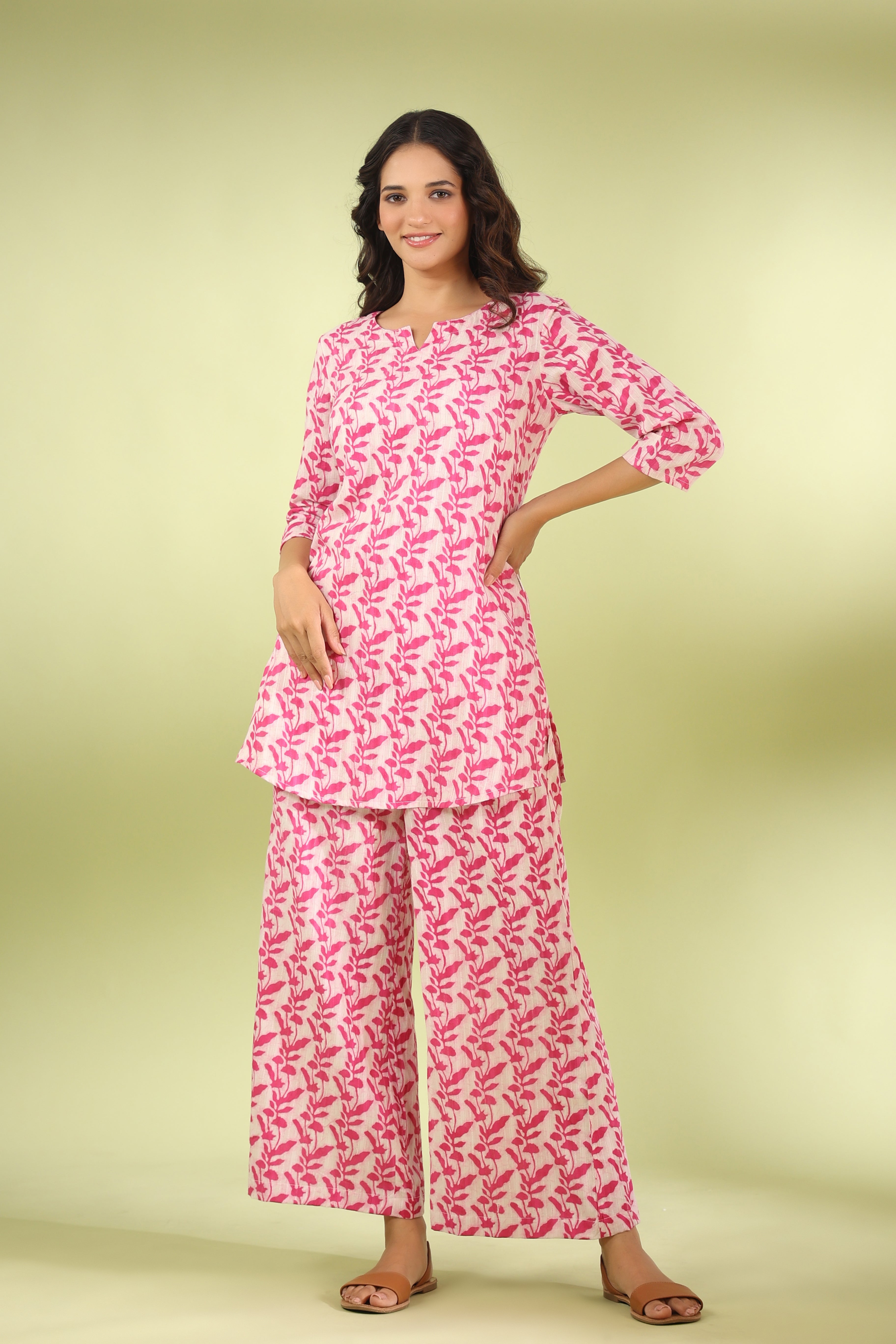 Pink Vine On White Cotton Palazzo Loungewear Set