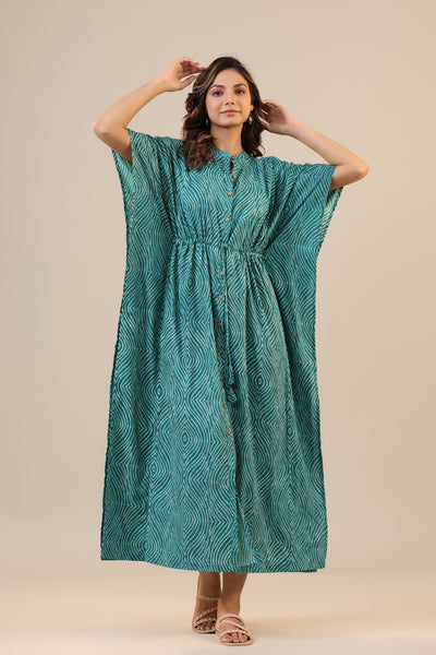 Patterned Shibori on Teal Front Buttoned Kaftan