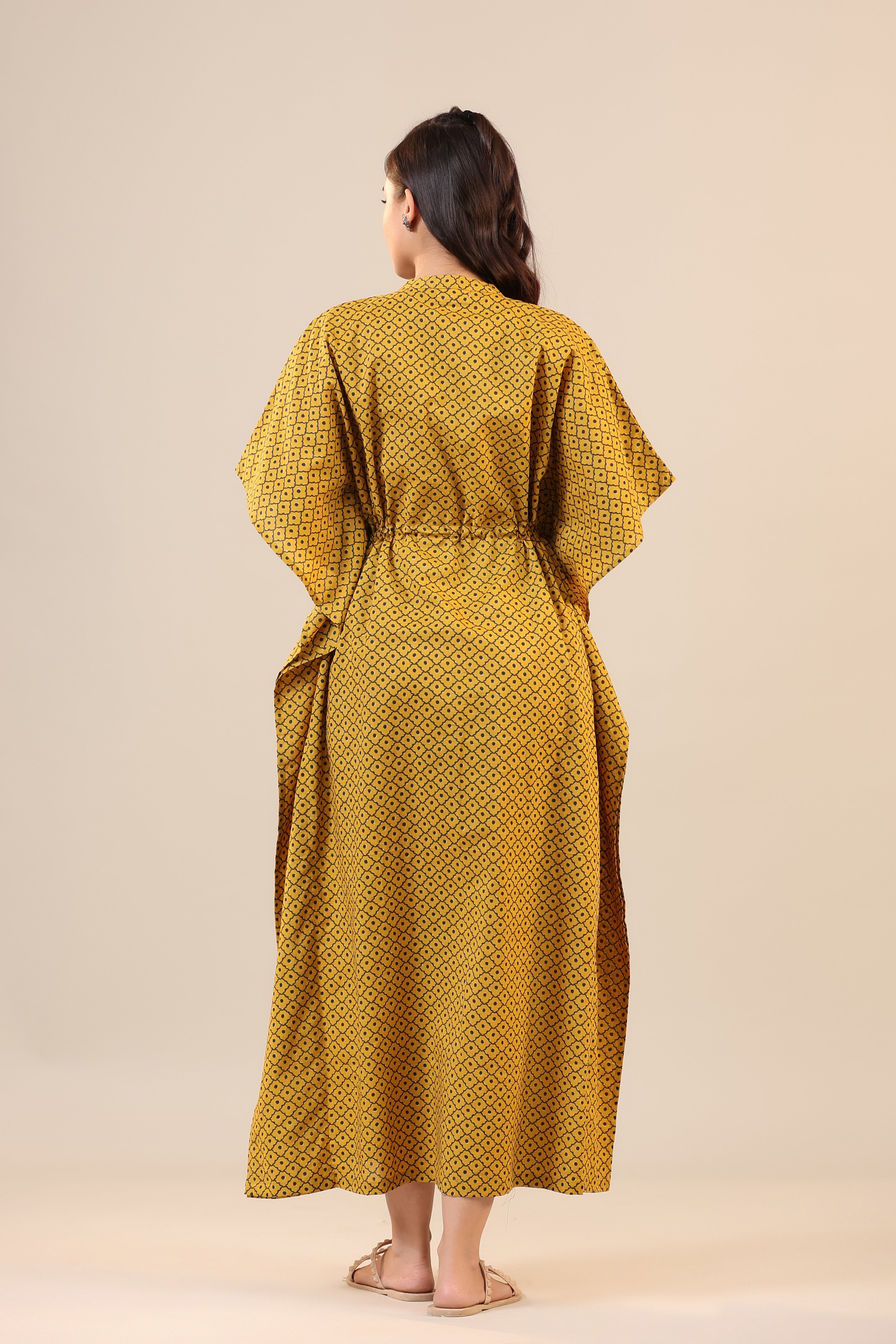 Checkered Dots on Mustard Front Buttoned Kaftan