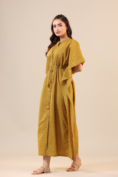 Checkered Dots on Mustard Front Buttoned Kaftan