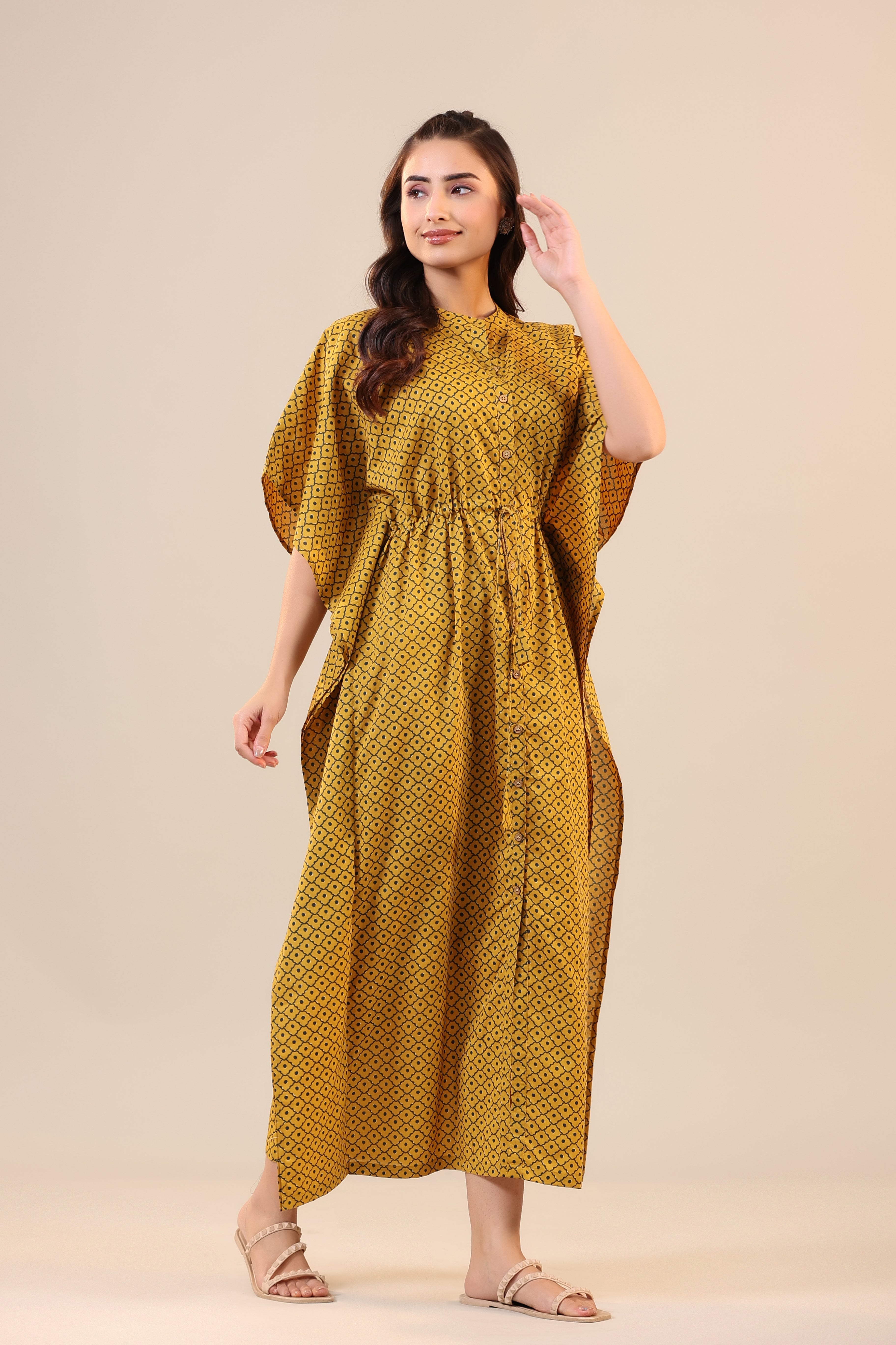 Checkered Dots on Mustard Front Buttoned Kaftan