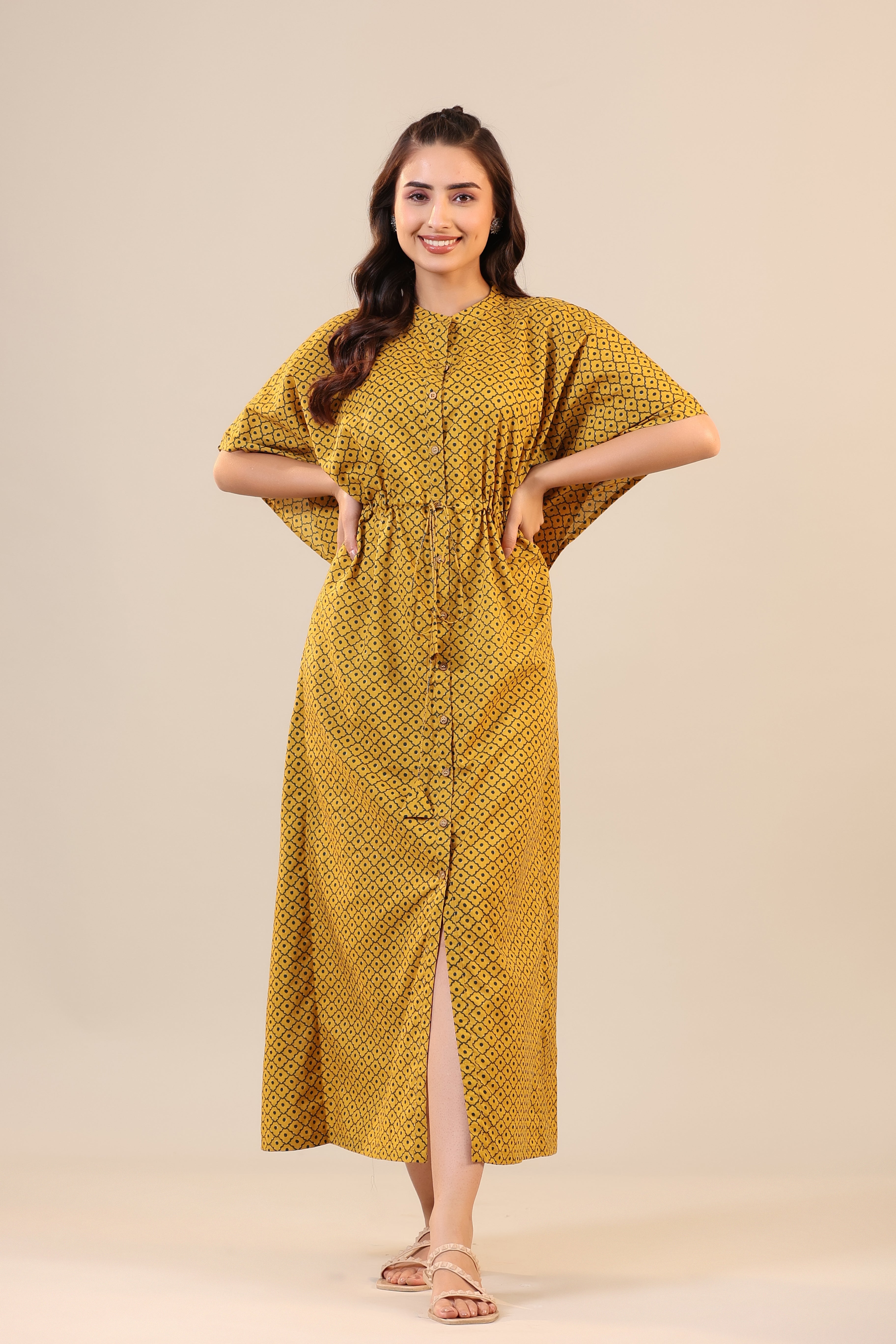 Checkered Dots on Mustard Front Buttoned Kaftan