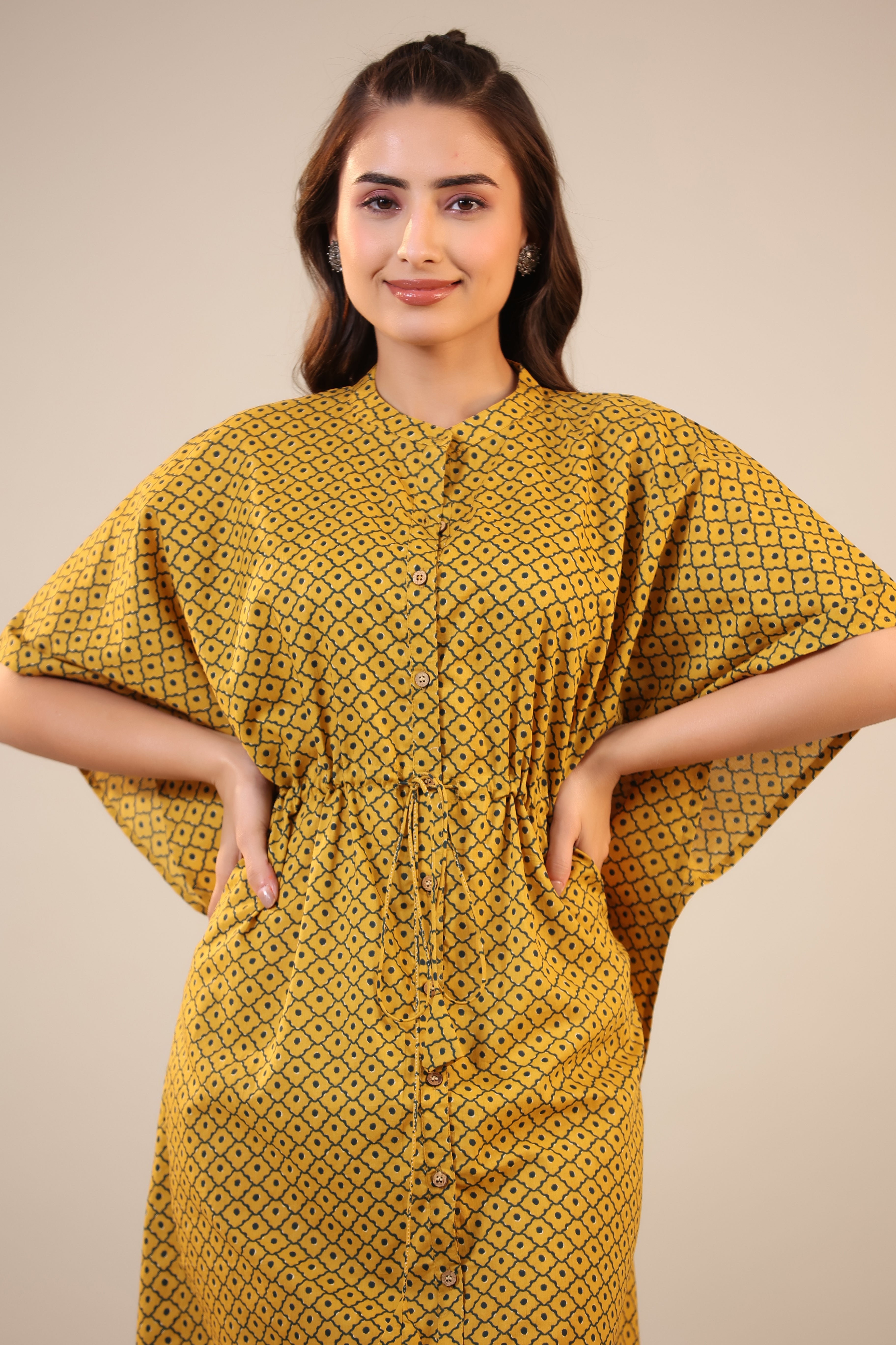 Checkered Dots on Mustard Front Buttoned Kaftan