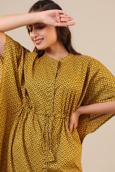 Checkered Dots on Mustard Front Buttoned Kaftan