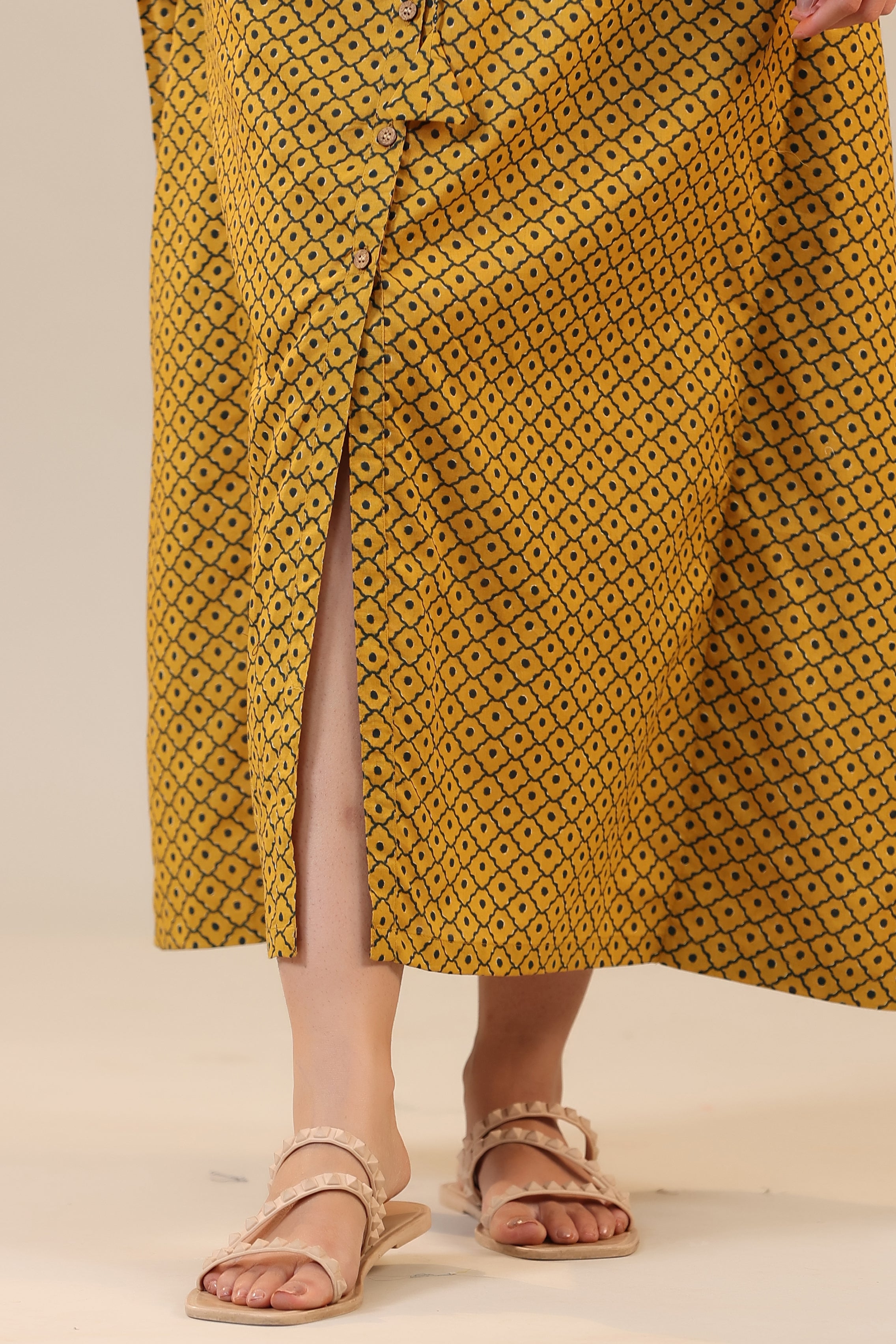 Checkered Dots on Mustard Front Buttoned Kaftan