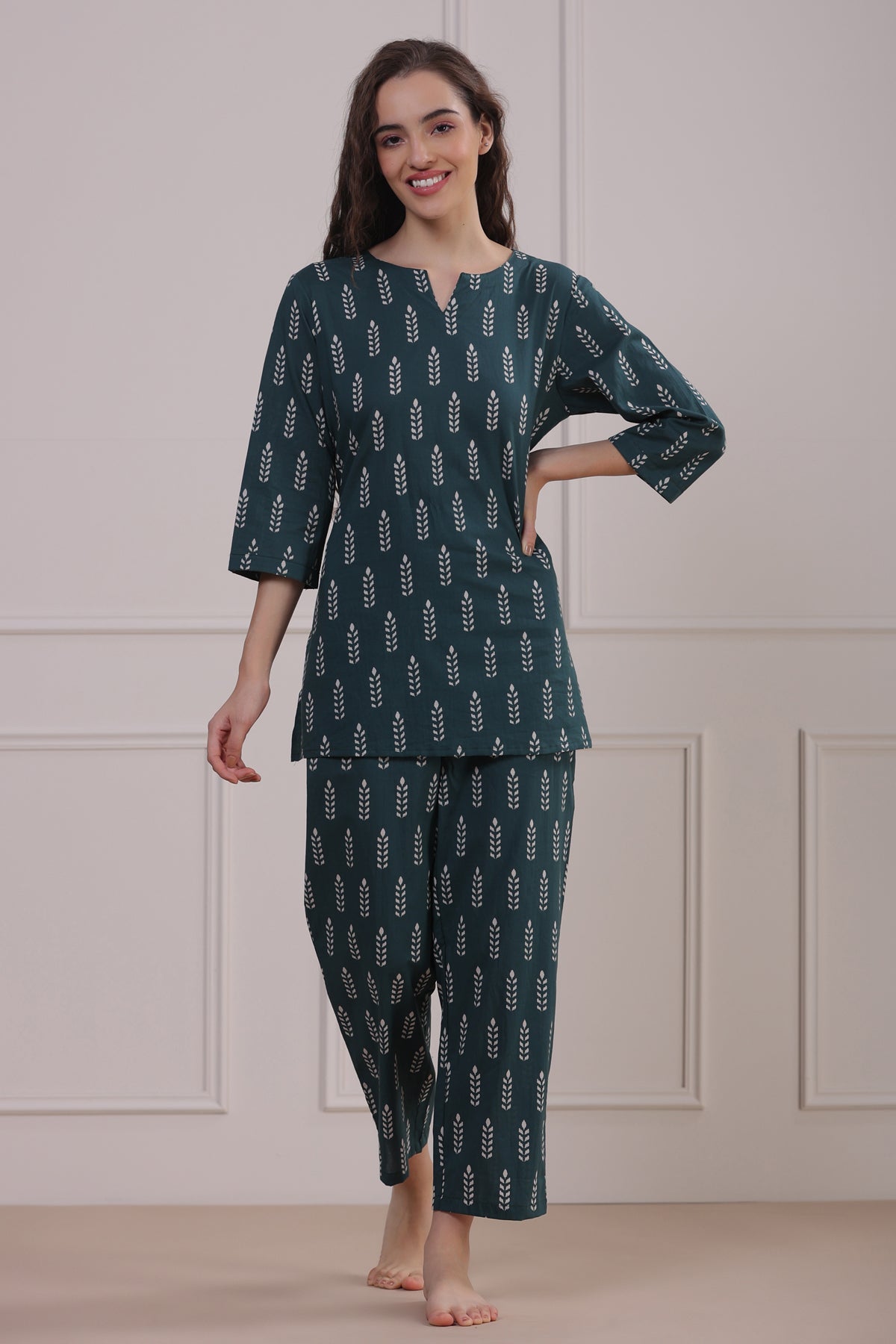 Minimalist Motif On Teal Green Loungewear Top Set