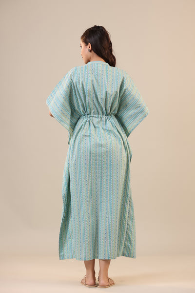 Ethnic Motif Stripes on Blue Front Buttoned Kaftan