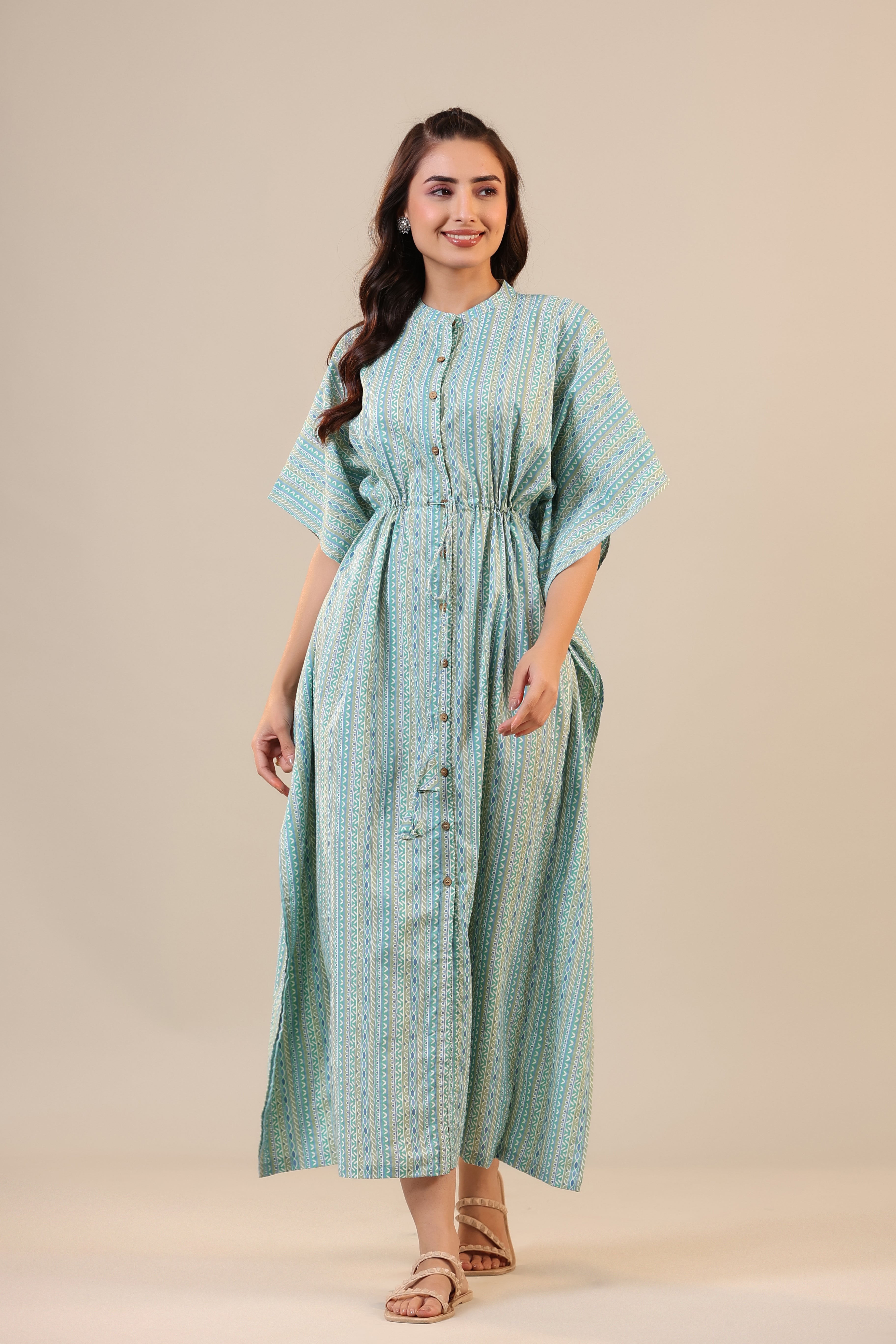 Ethnic Motif Stripes on Blue Front Buttoned Kaftan