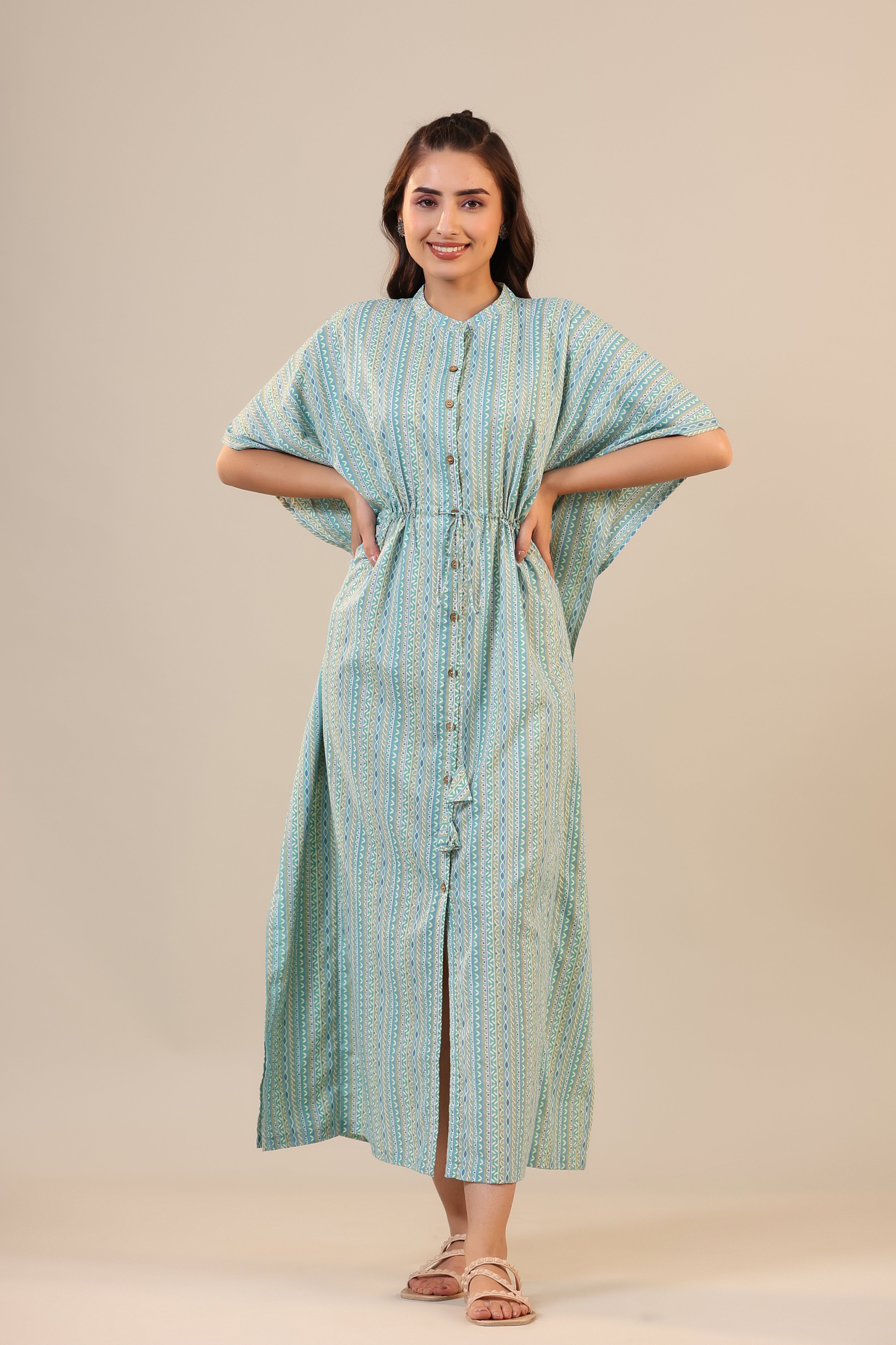 Ethnic Motif Stripes on Blue Front Buttoned Kaftan