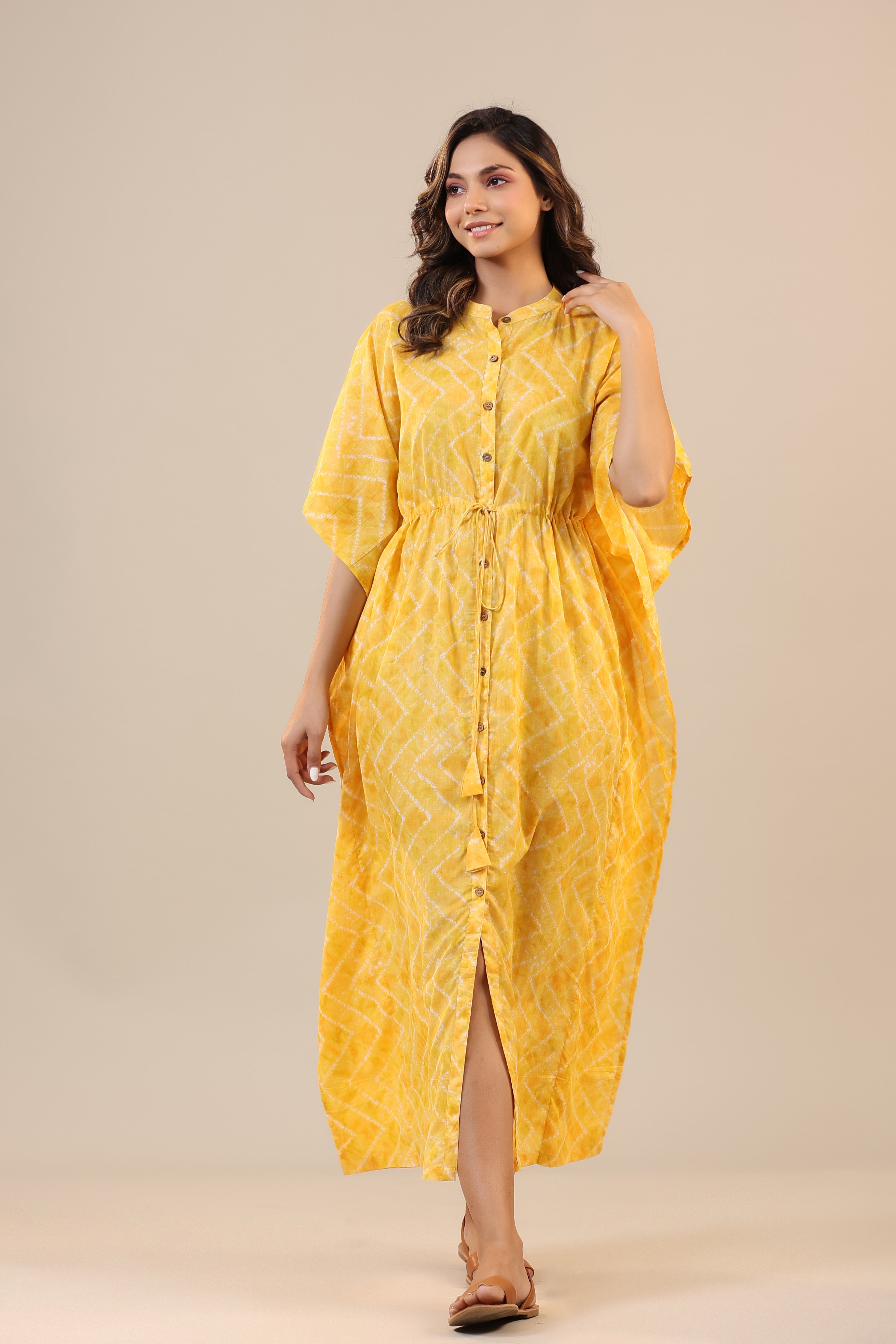 Zigzag Shibori on Yellow Front Buttoned cotton Kaftan